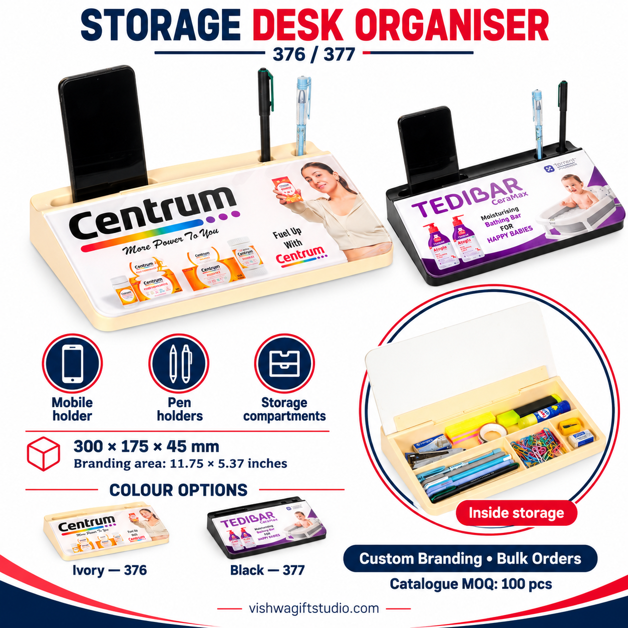 Model 376 storage organiser features and colour options