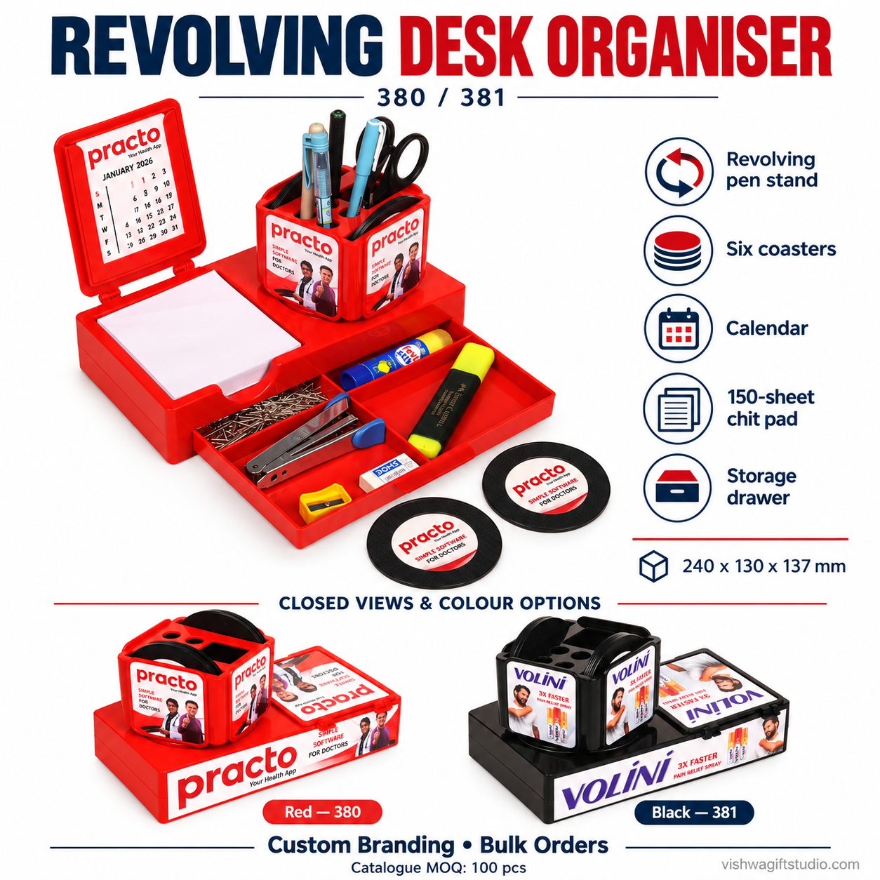 Models 380/381 revolving organiser information, colours and branded closed views
