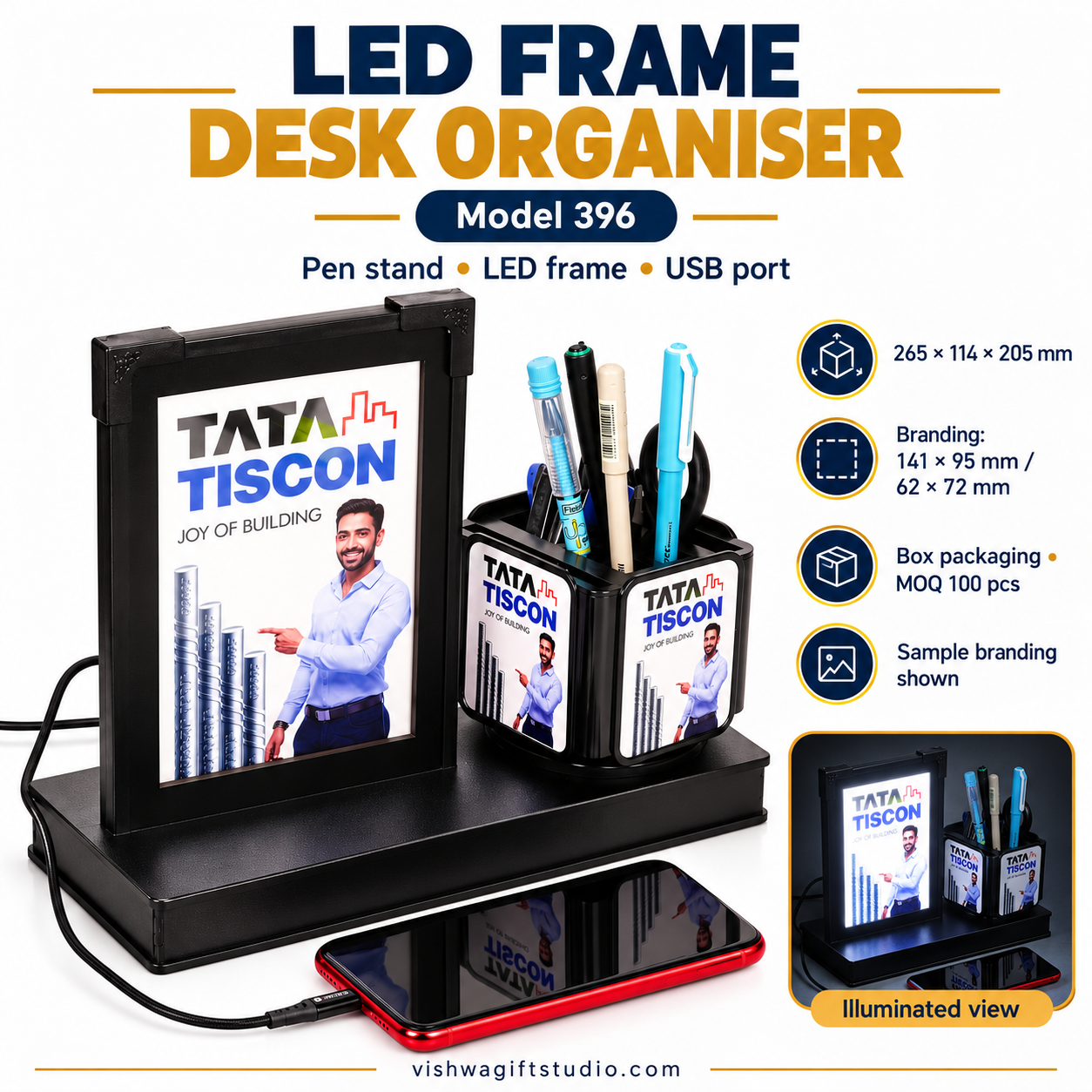 LED frame desk organiser specifications and illuminated view
