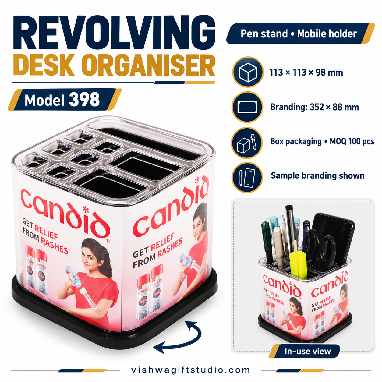 Revolving pen stand specifications and in-use view