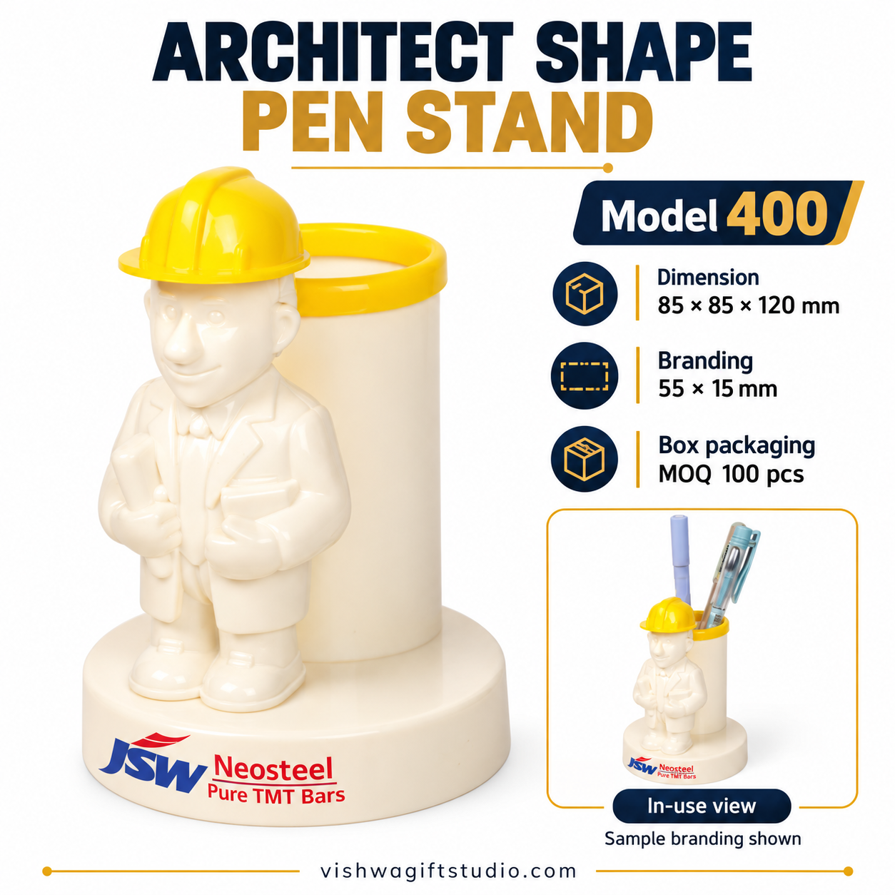 Architect pen stand specifications and in-use view