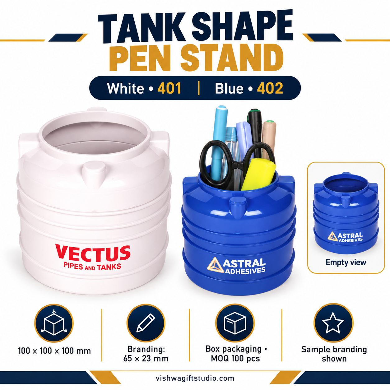White and blue tank pen stands with branding and alternate views