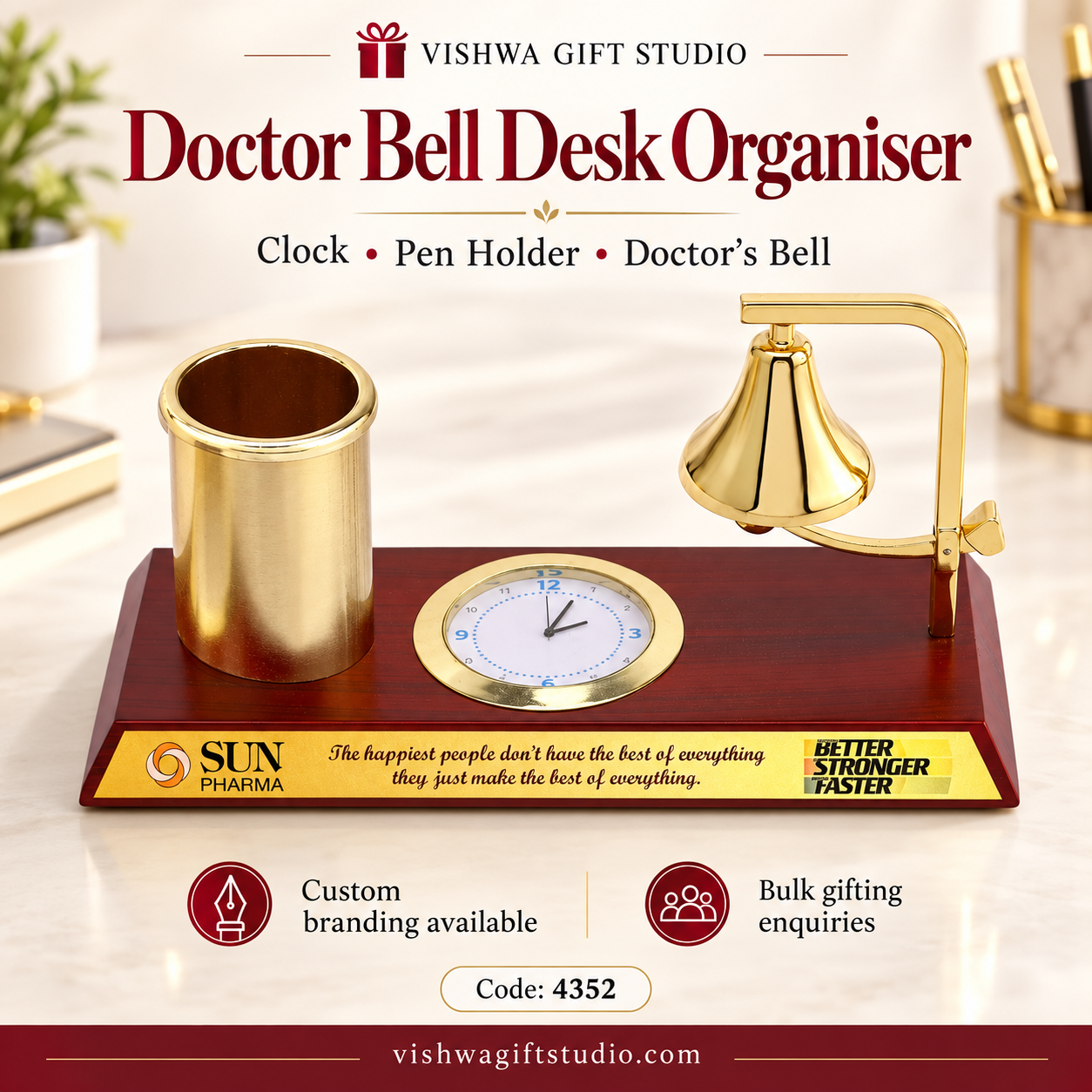 4352 Doctor Bell Desk Organiser with Clock and Pen Stand - Image 2