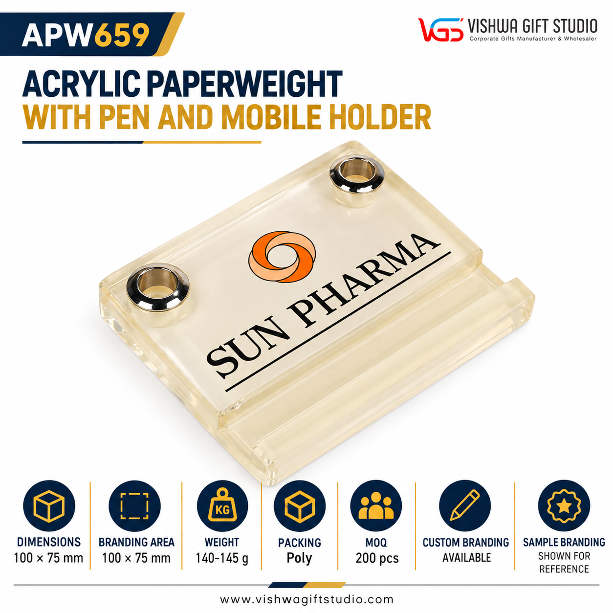 APW659 Acrylic Paperweight with Pen Stand and Mobile Holder - Image 2
