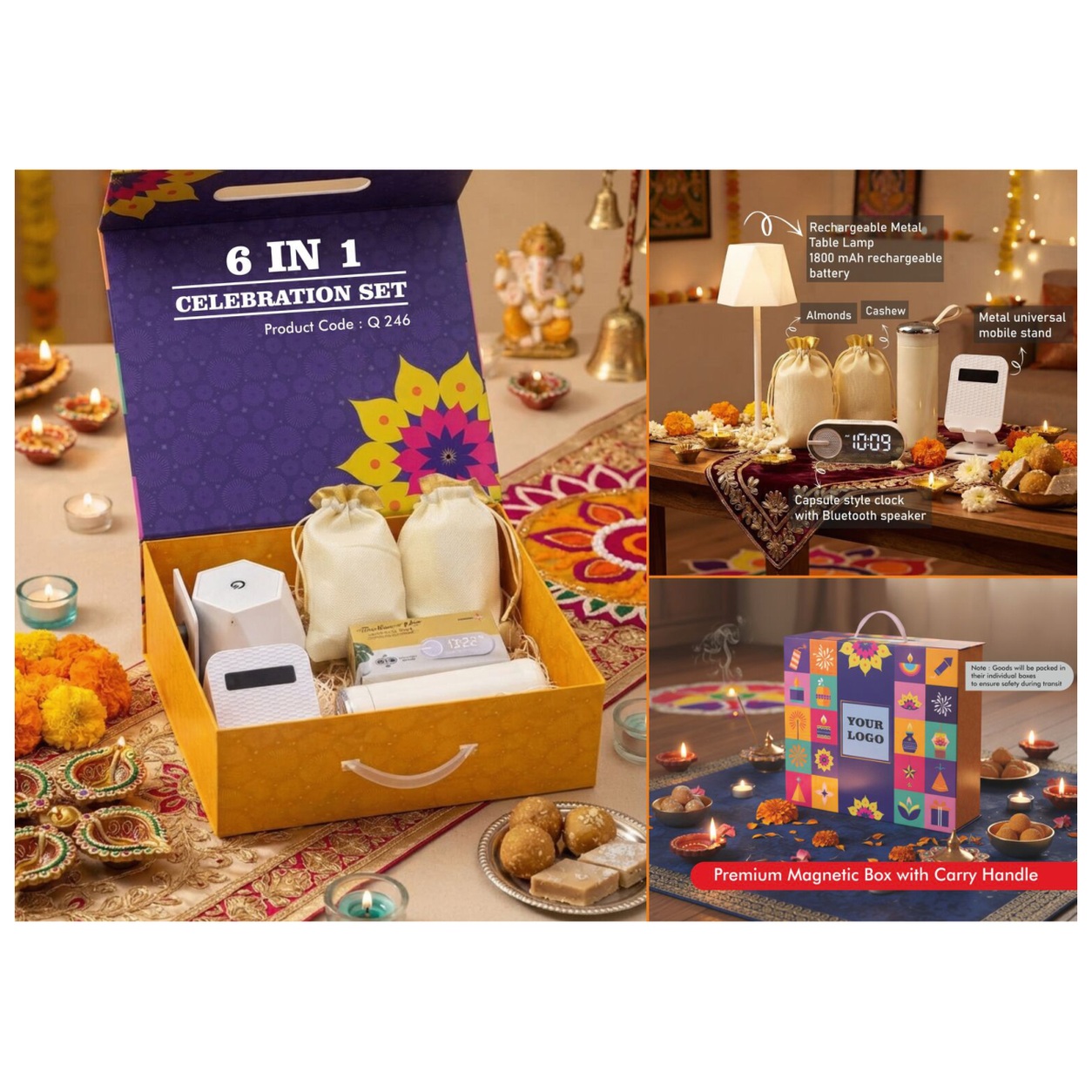6-in-1 Clock Speaker & Lamp Diwali Gift Box — product information and promotional image