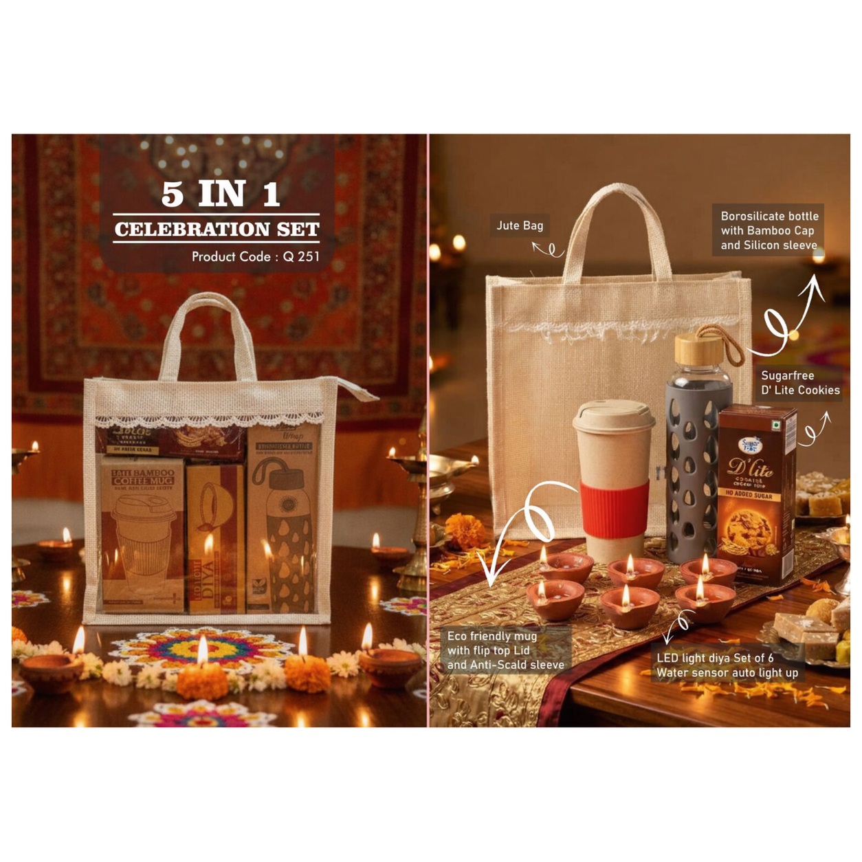 5-in-1 Borosilicate Bottle Jute Diwali Hamper — product information and promotional image