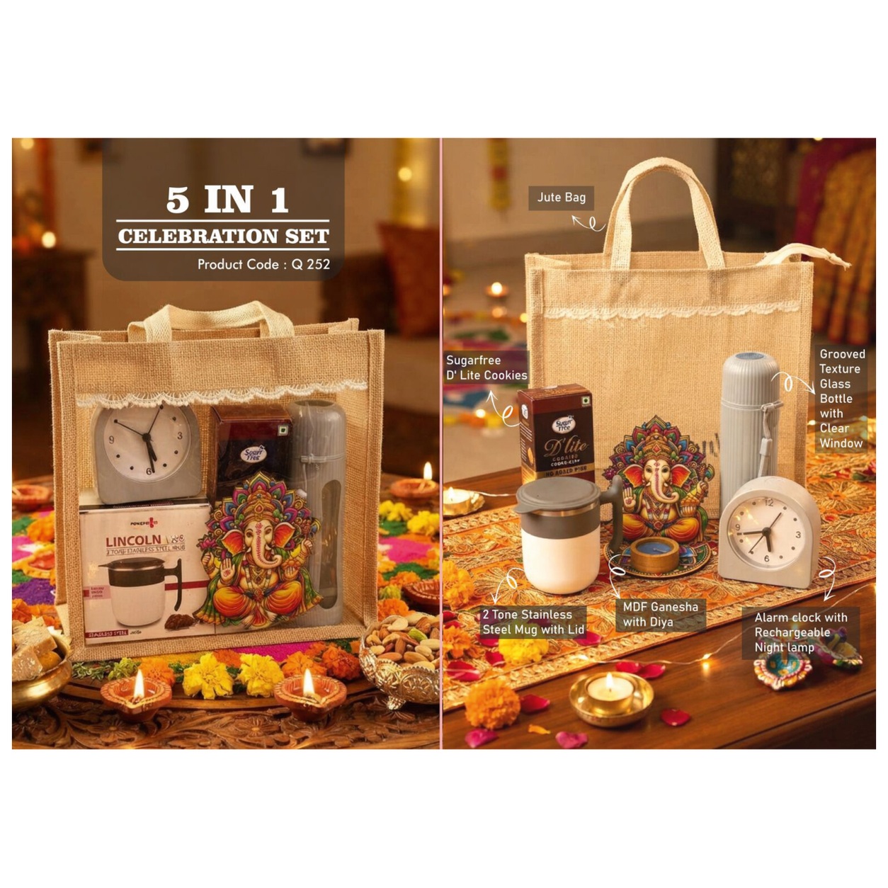 5-in-1 Ganesha & Alarm Clock Jute Diwali Hamper — product information and promotional image