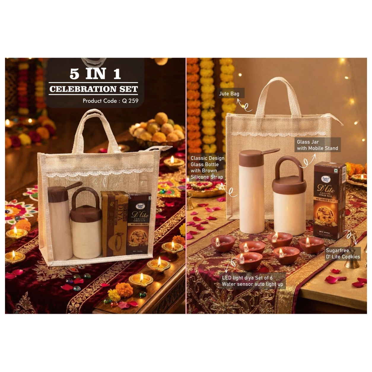 5-in-1 Glass Jar & Bottle Jute Diwali Hamper — product information and promotional image