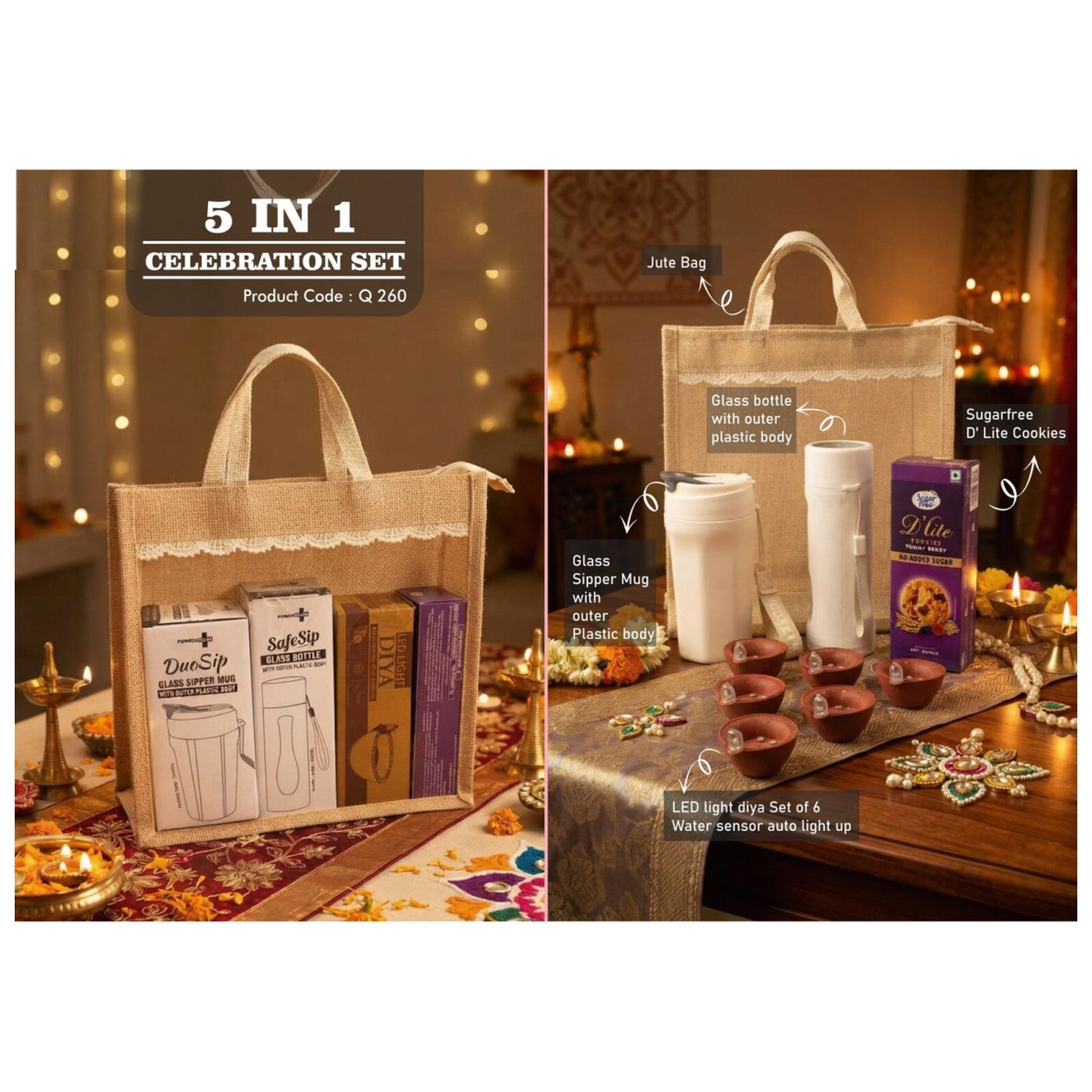 5-in-1 Sipper Mug Jute Diwali Hamper — product information and promotional image