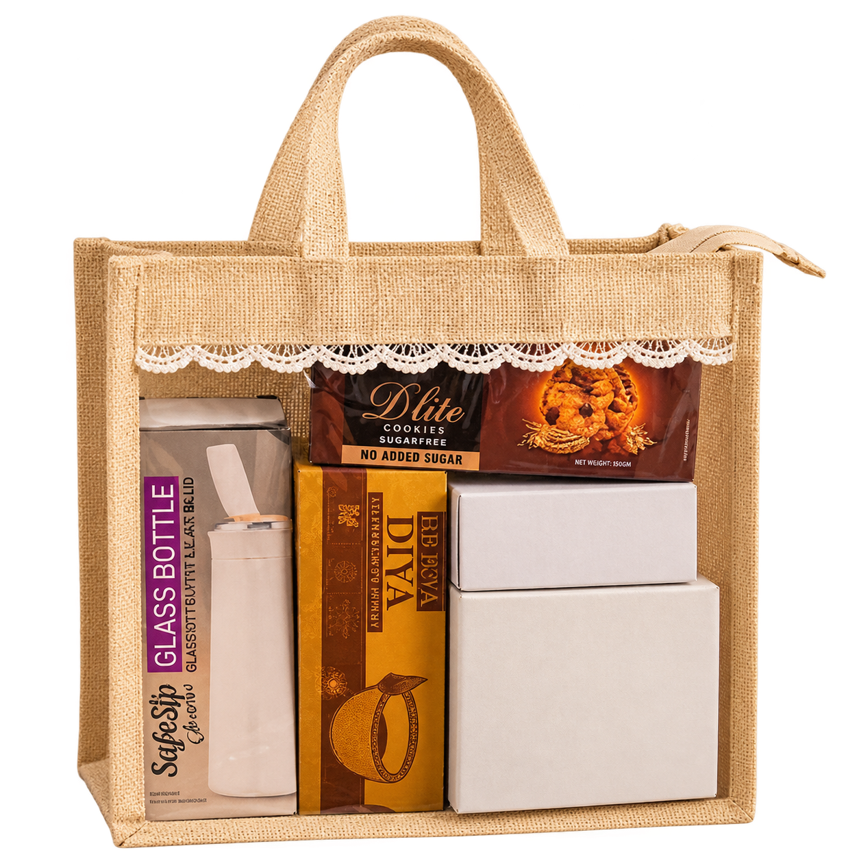 6-in-1 Clock & Drinkware Jute Diwali Hamper — DW-Q261 — DW-Q261