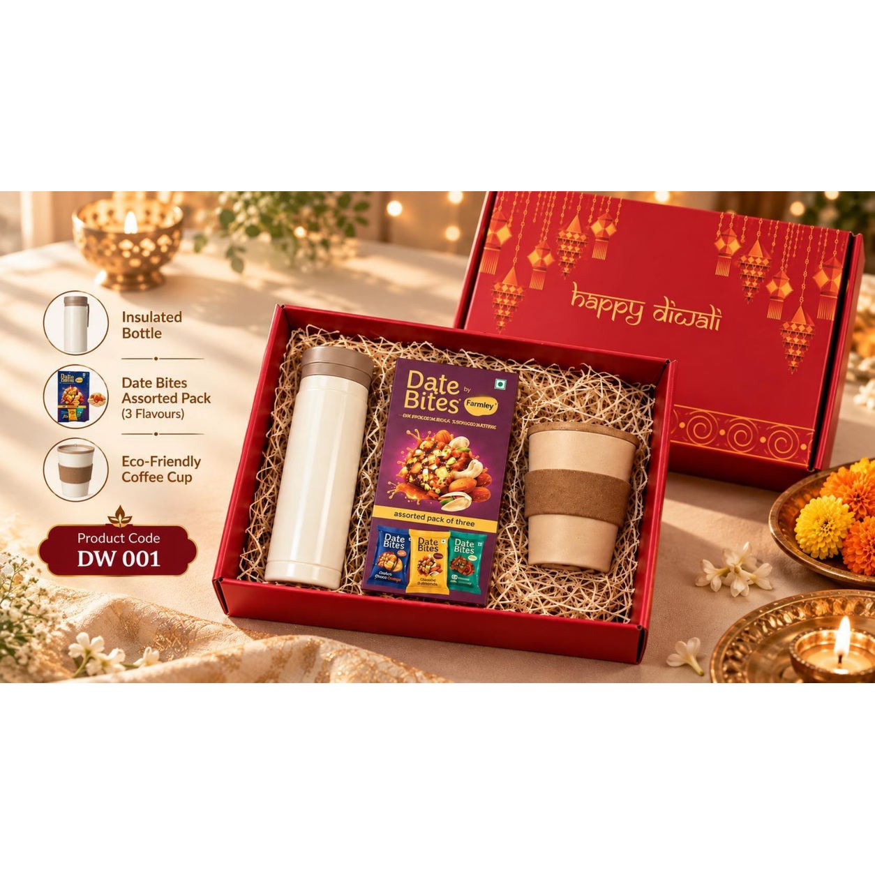 Insulated Bottle, Date Bites & Coffee Cup Diwali Hamper — product information and promotional image