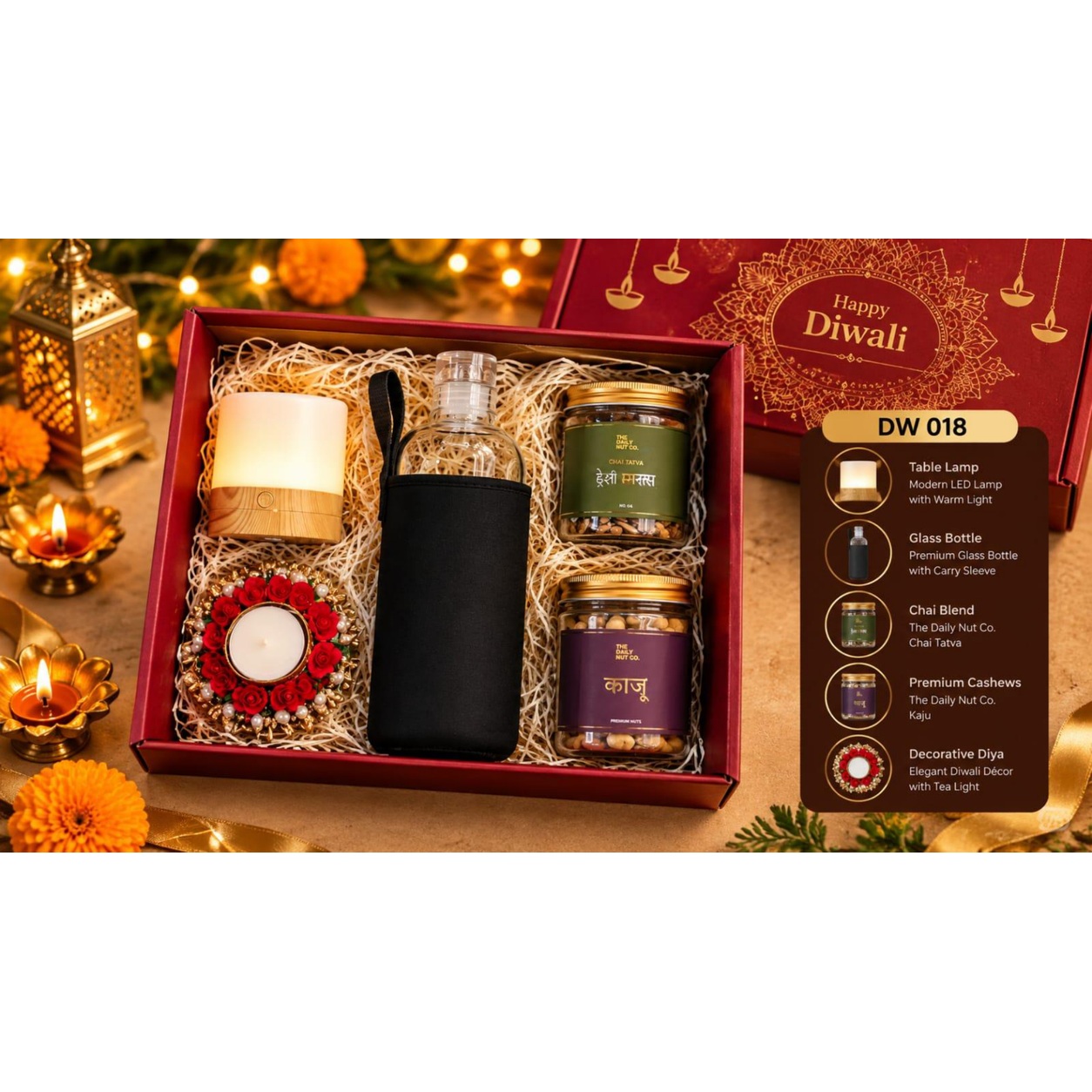 Glass Bottle & Festive Lamp Diwali Hamper — product information and promotional image