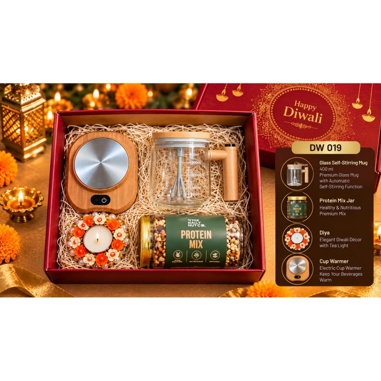 Self-Stirring Mug & Cup Warmer Diwali Hamper — product information and promotional image