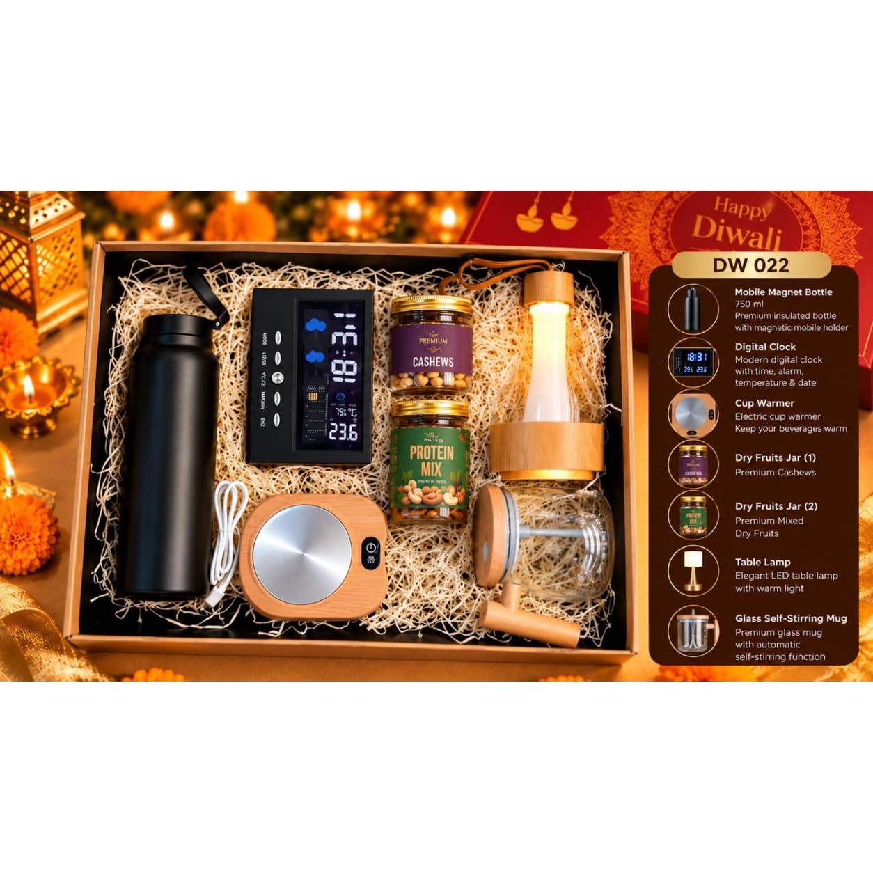 Magnet Bottle & Digital Clock Diwali Hamper — product information and promotional image