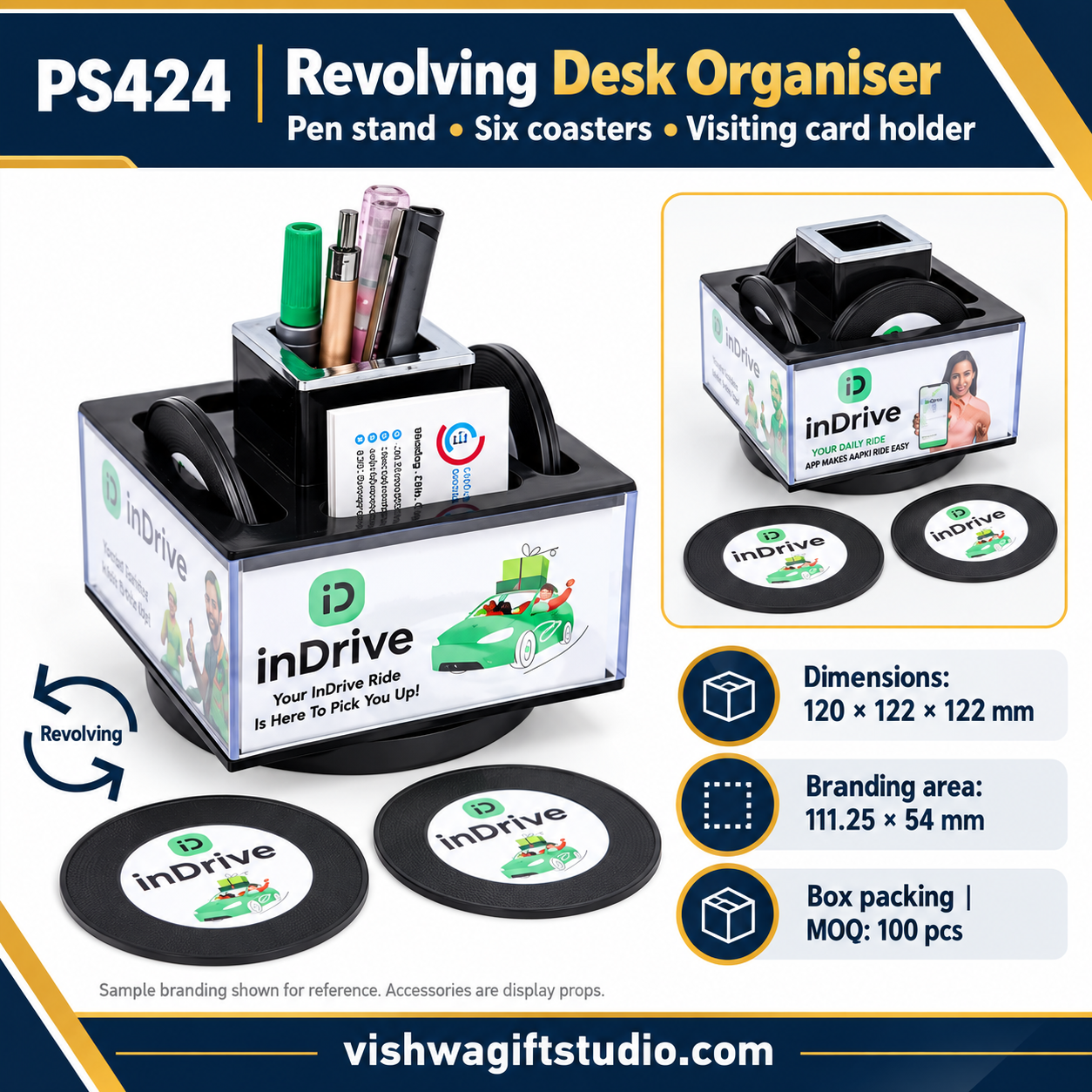 PS424 Revolving Pen Stand with Six Coasters and Visiting Card Holder - Image 2