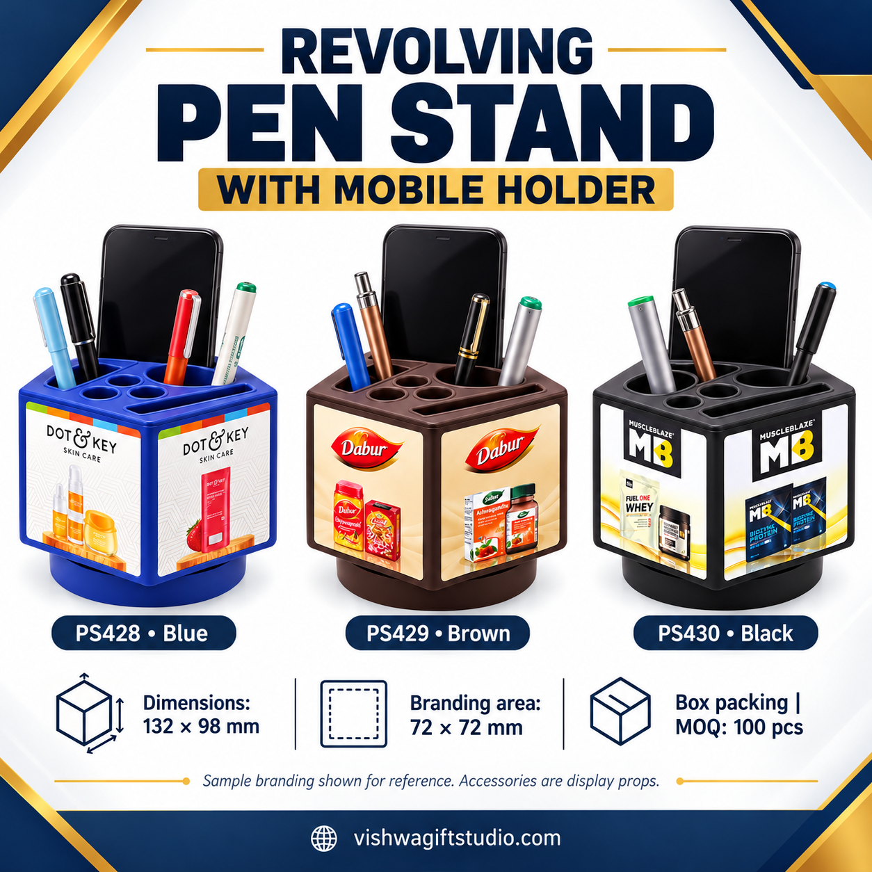 PS428 / PS429 / PS430 Revolving Pen Stand with Mobile Holder – Blue, Brown & Black - Image 2