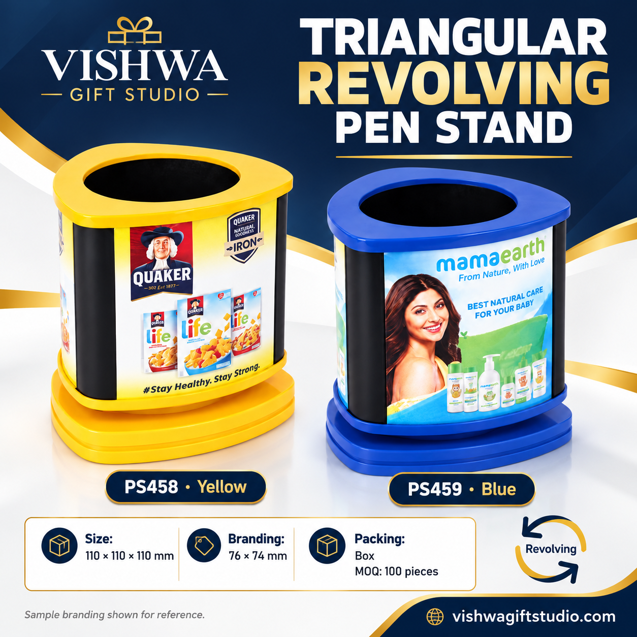 PS458 / PS459 Triangular Revolving Pen Stand – Yellow & Blue - Image 2