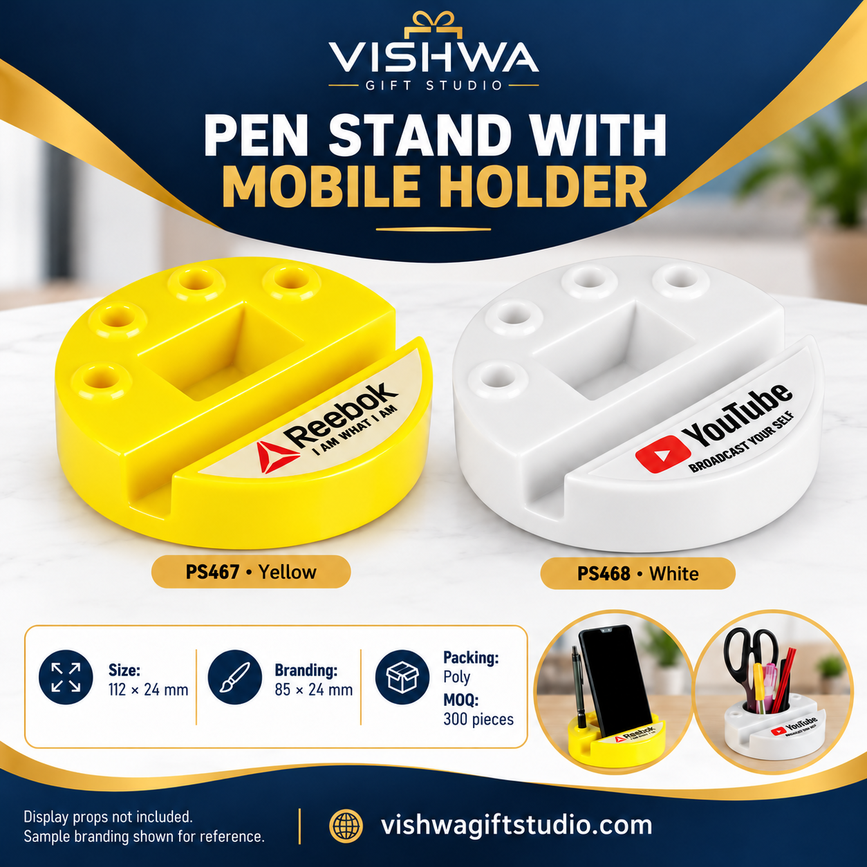 PS467 / PS468 Pen Stand with Mobile Holder – Yellow & White - Image 2