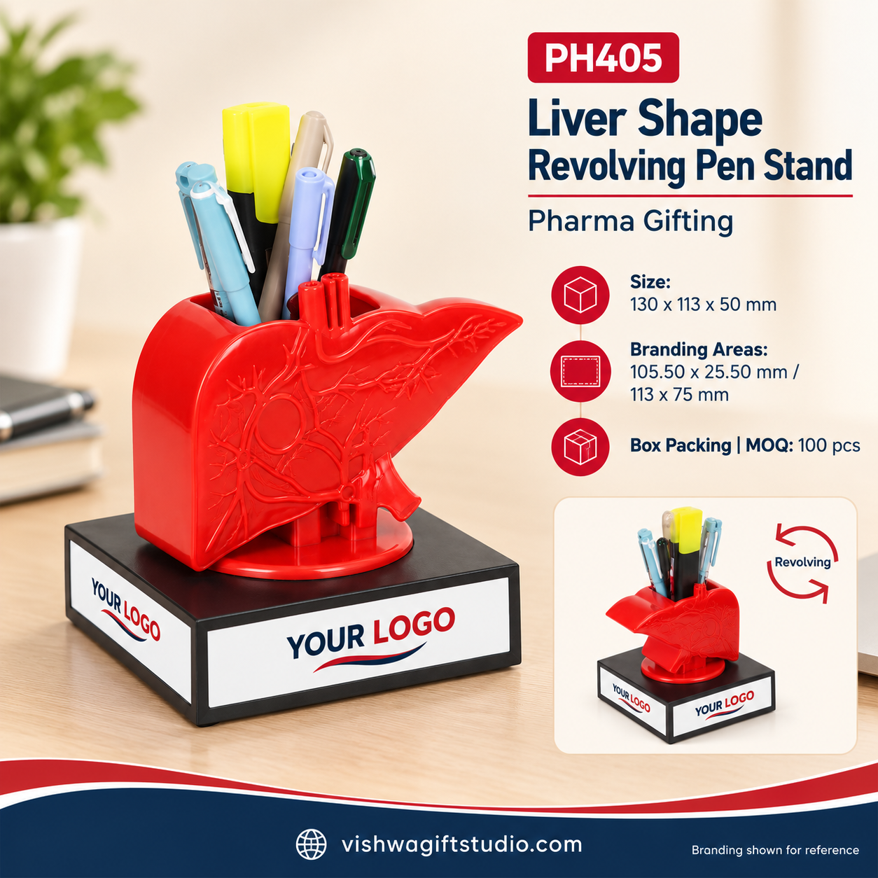 PH405 Liver Shape Revolving Pen Stand promotional photo with dimensions and branding information