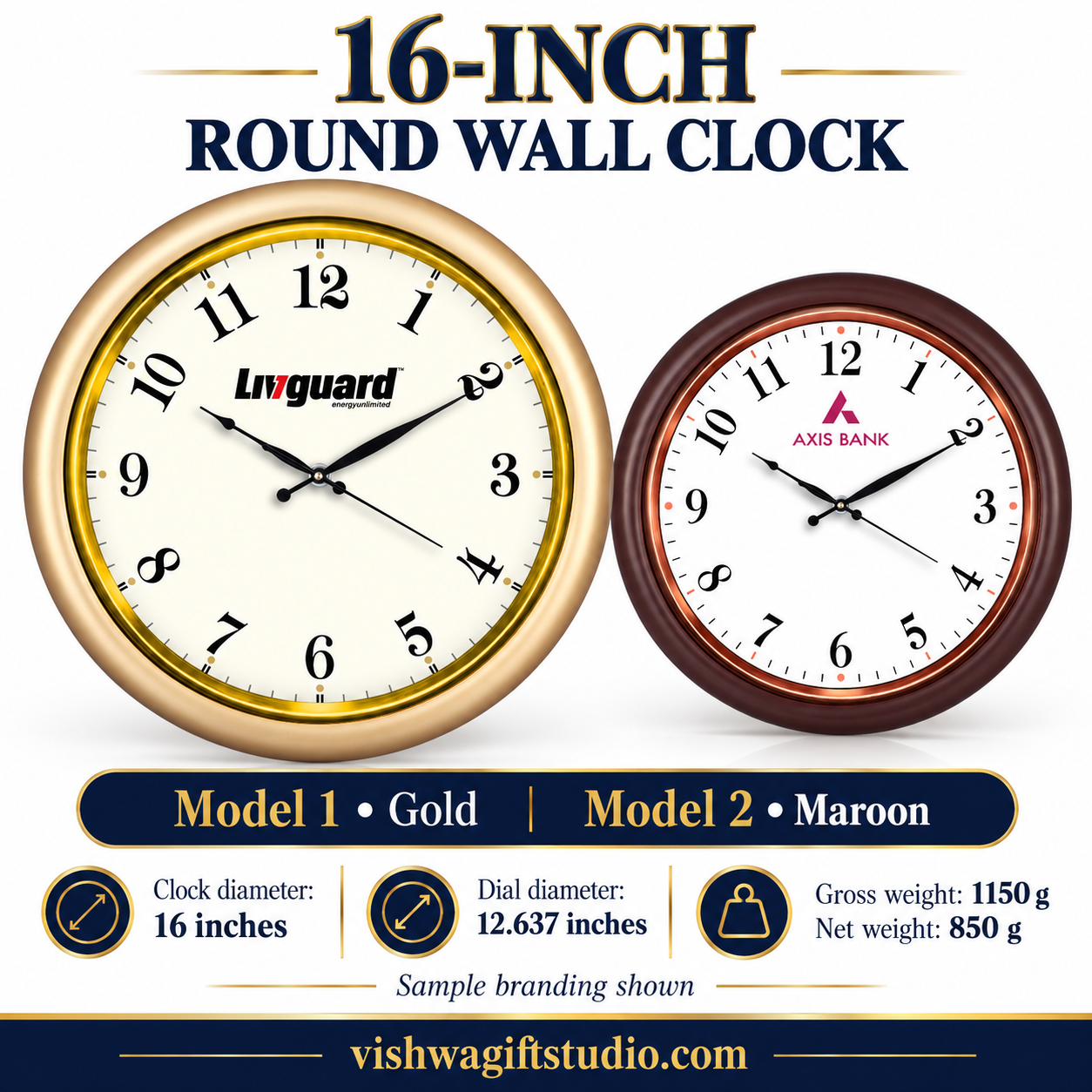 Gold and maroon wall clocks models1 and2 with catalogue specifications