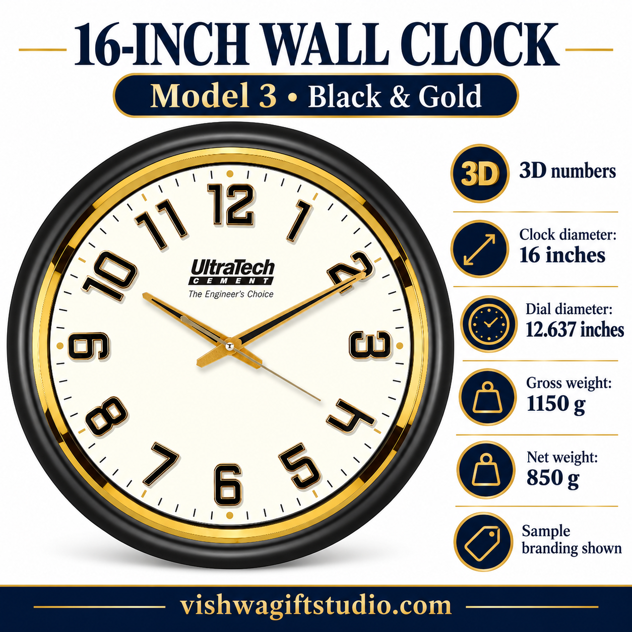 Model3 16 inch wall clock with 3D numbers and specifications