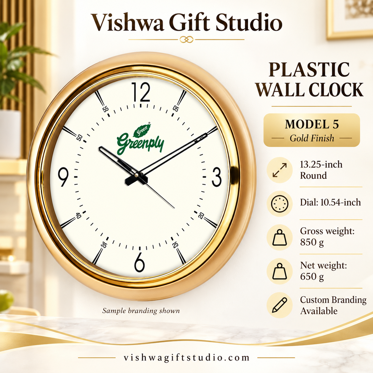 Model 5 plastic wall clock — promotional information with Greenply sample branding