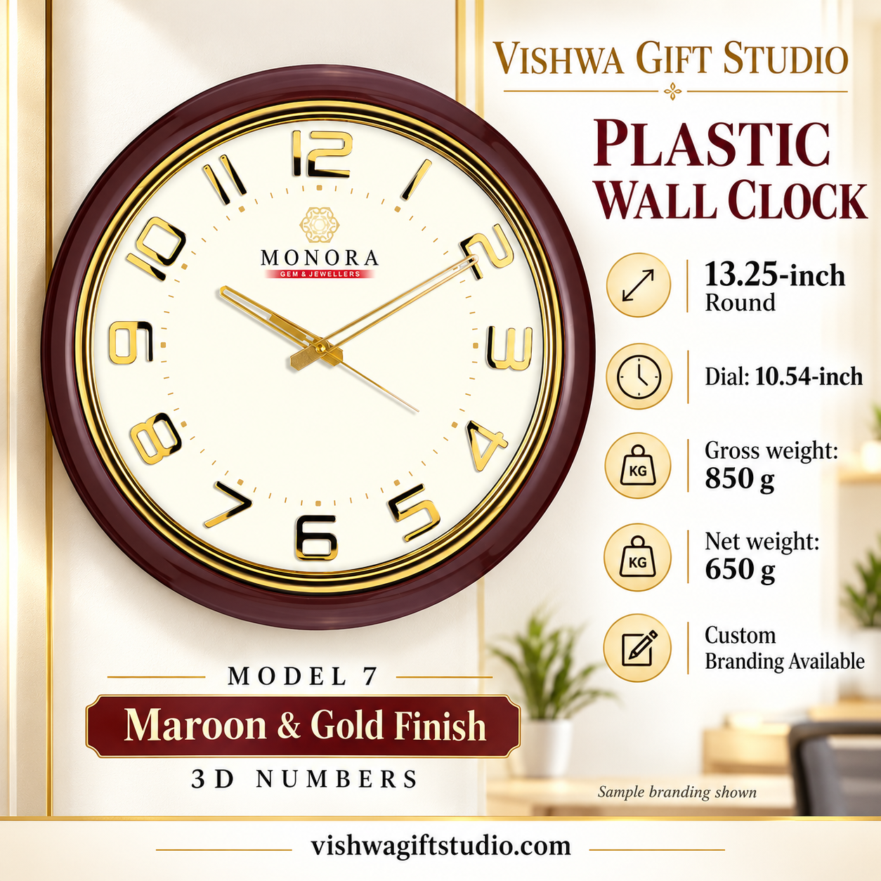 Model 7 plastic wall clock — promotional information with Monora sample branding