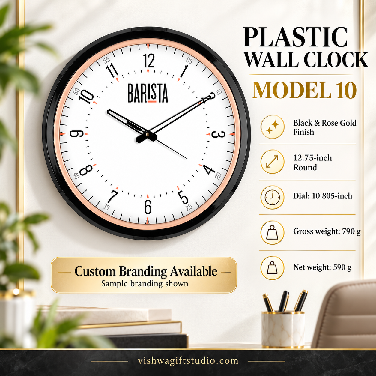 Model 10 plastic wall clock — promotional information with Barista sample branding