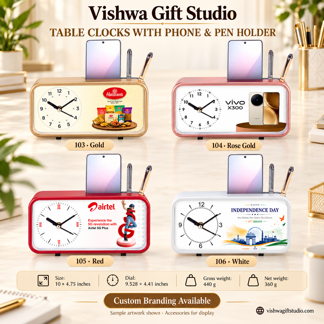 Models 103 to 106 table clocks with phone and pen holder promotional information