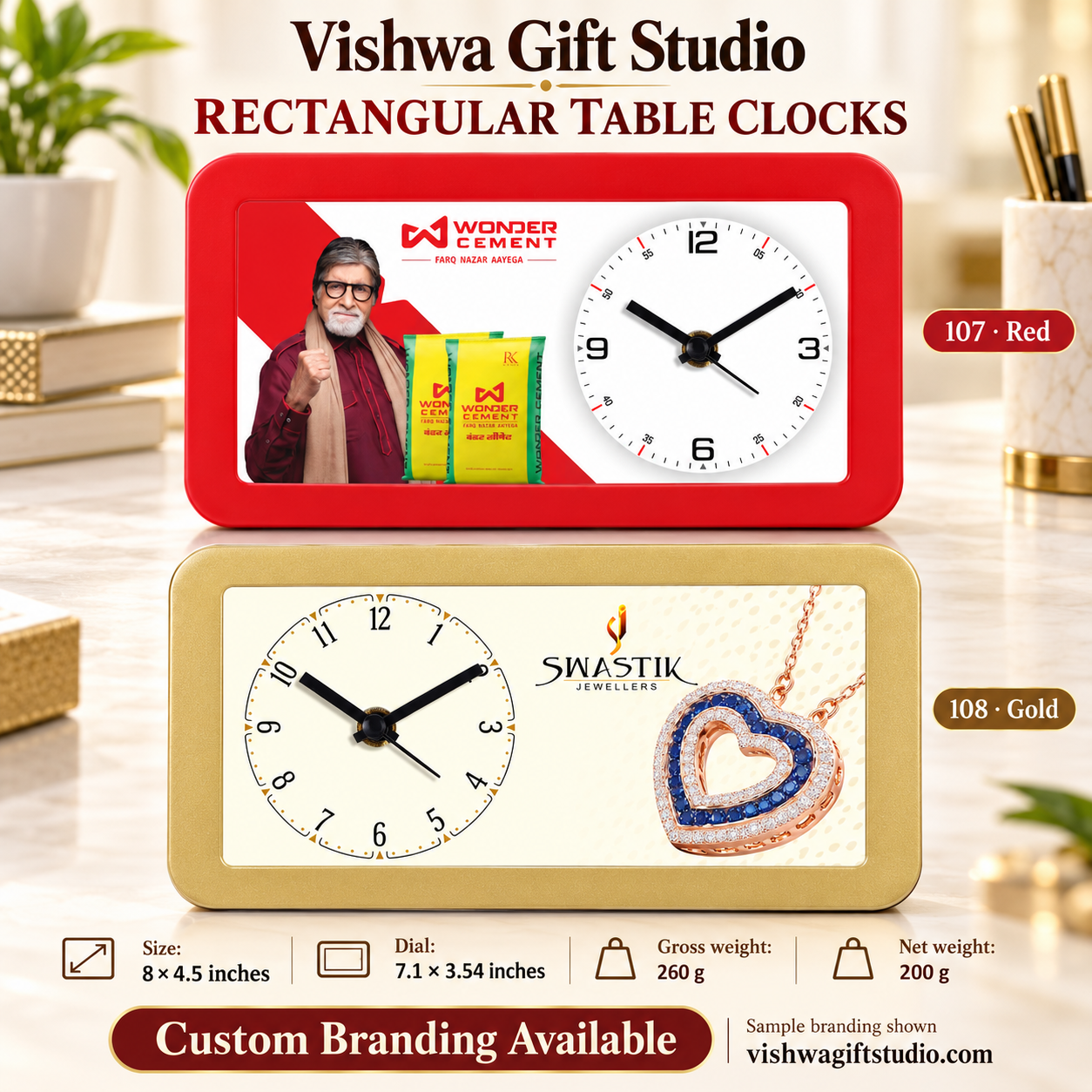 Models 107 and 108 rectangular table clock promotional information