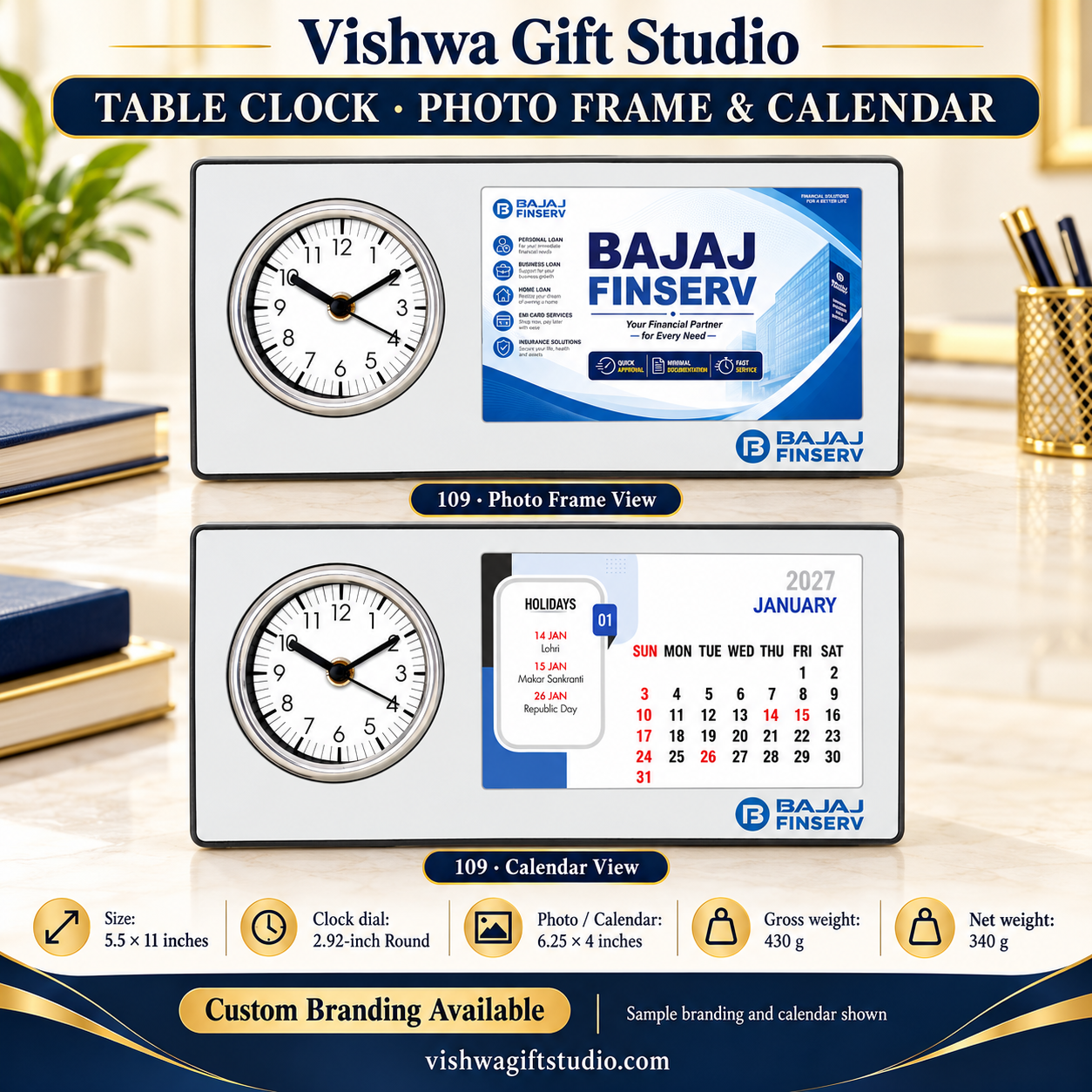 Model 109 table clock promotional information with photo frame and calendar views