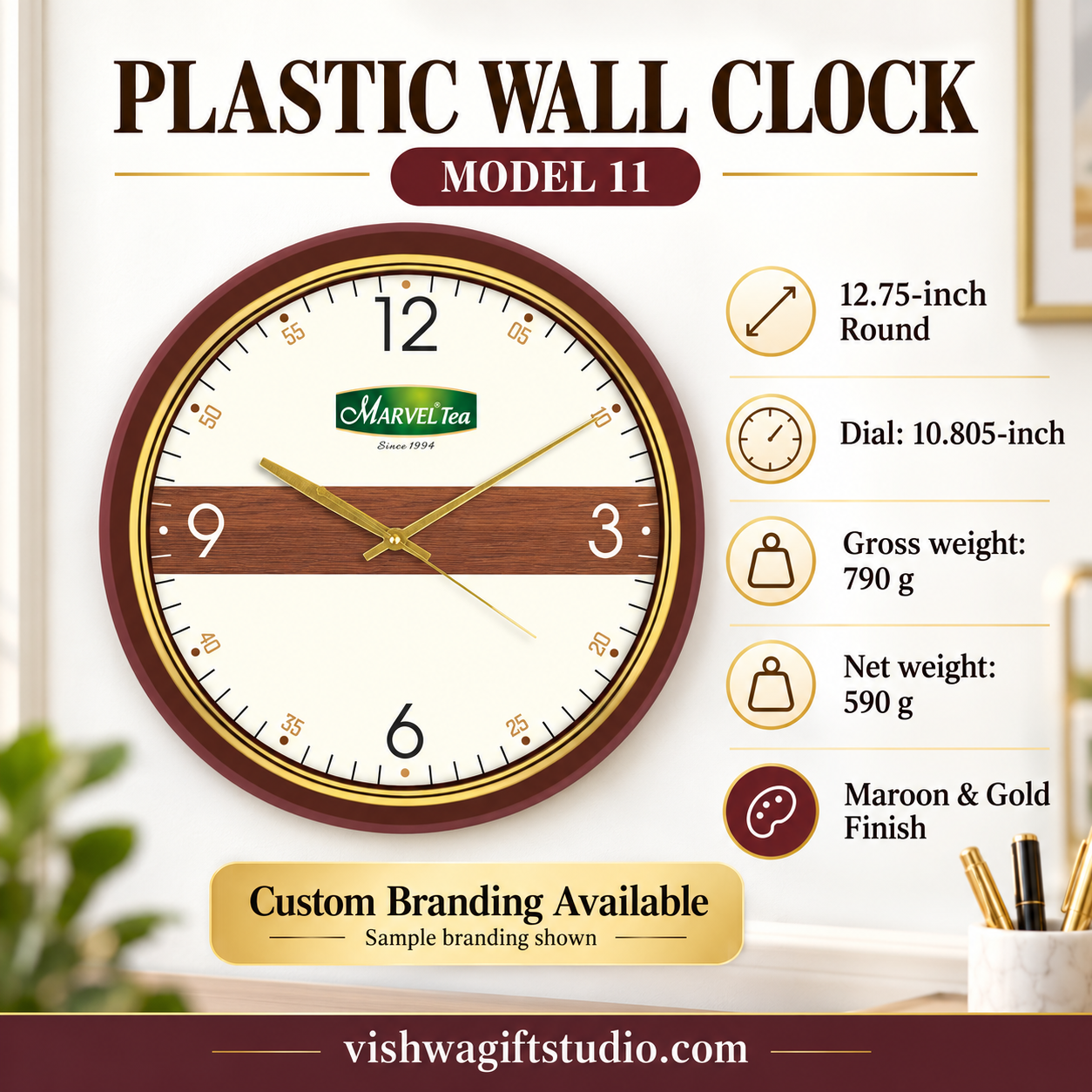 Model 11 plastic wall clock — promotional information with Marvel Tea sample branding