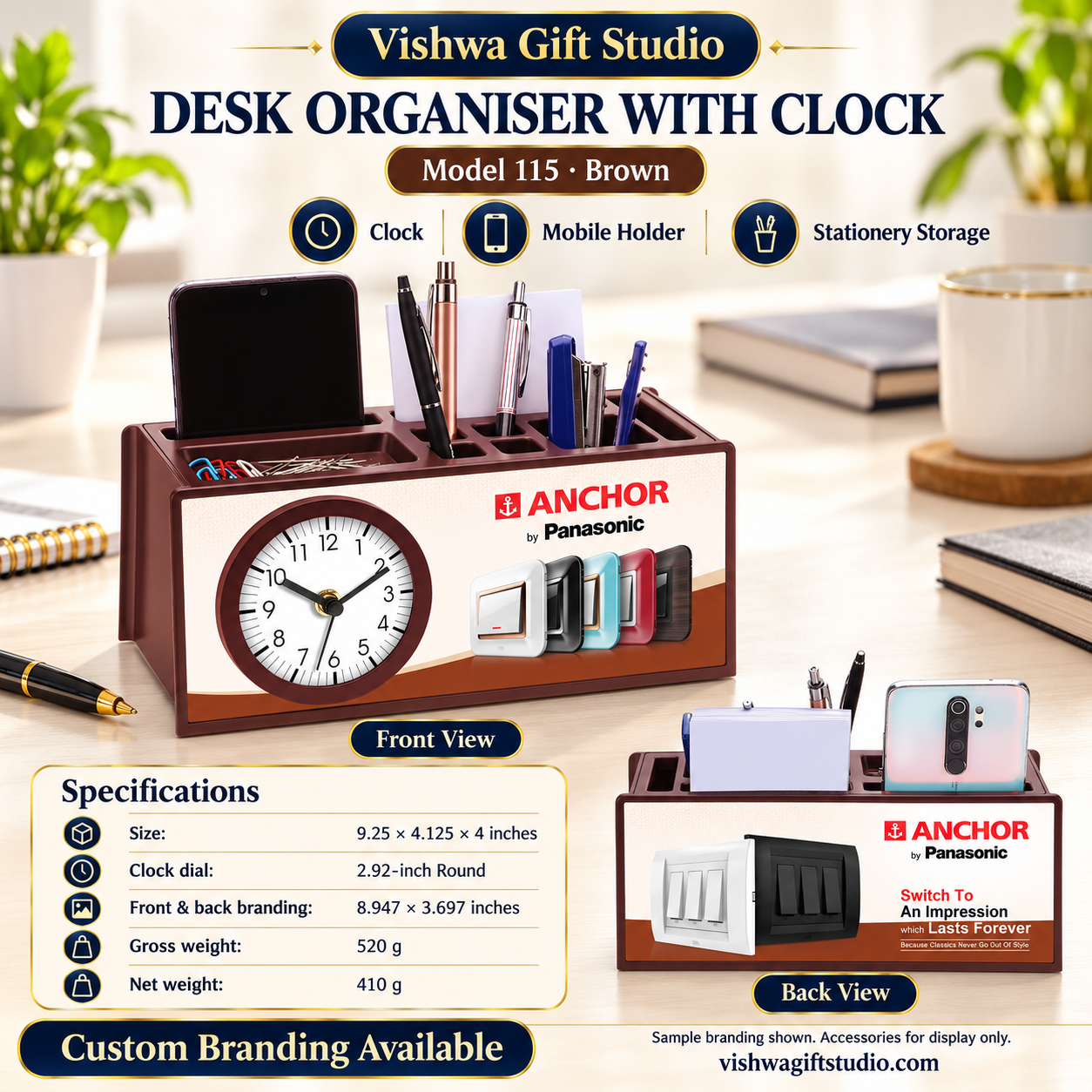 Model 115 brown desk organiser promotional information showing front and branded back view