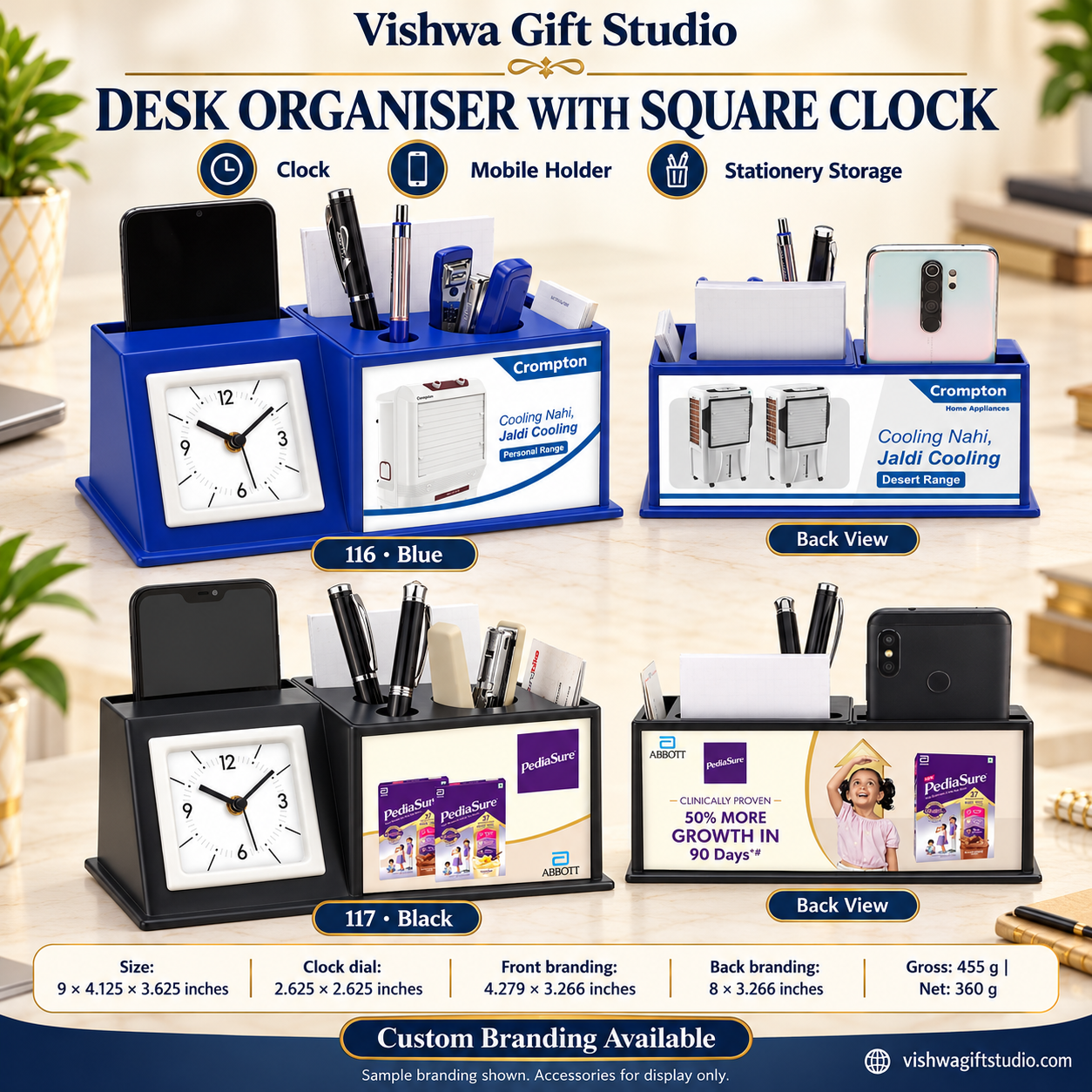 Models 116 blue and 117 black desk organiser promotional image with square clocks and branded rear views