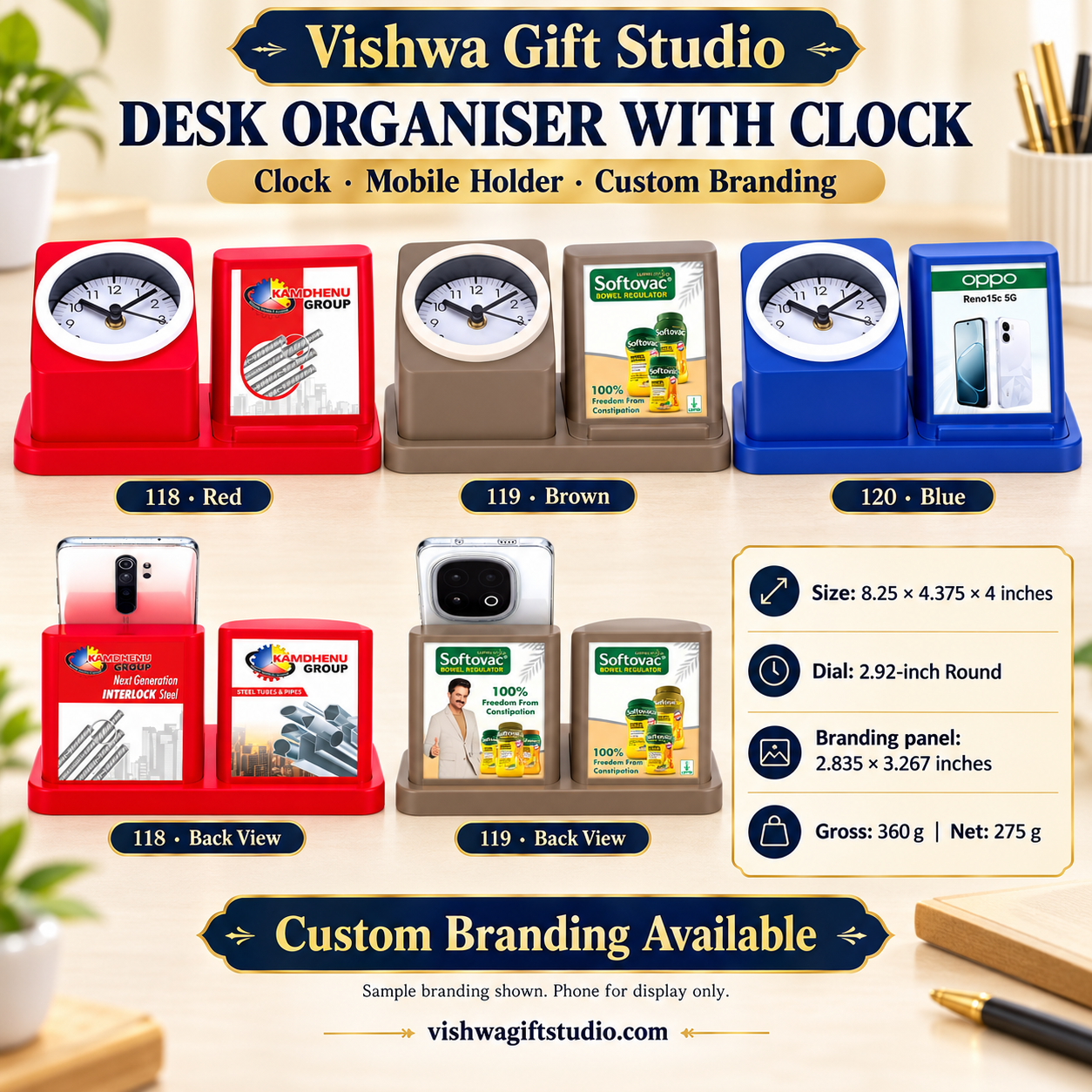 Models 118 119 120 desk organiser promotion with red brown blue options and branded back views