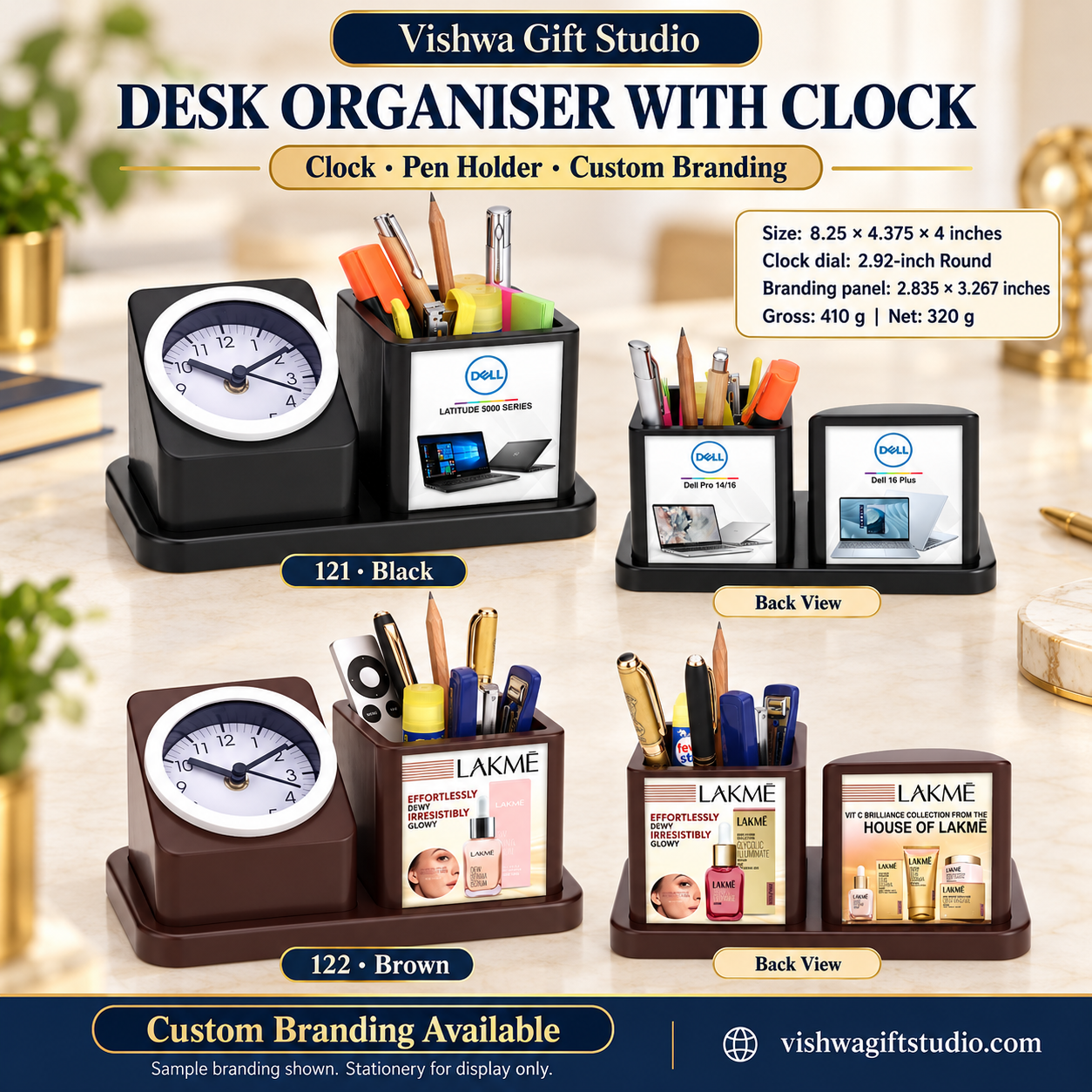 Models 121 black and 122 brown desk organiser promotion with branded back views