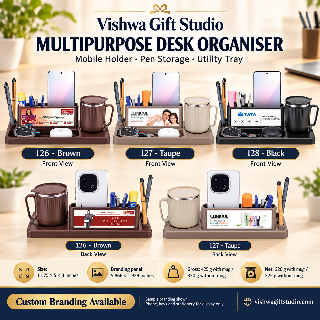 Models 126 127 128 desk utility organiser promotion with brown taupe black options and back views