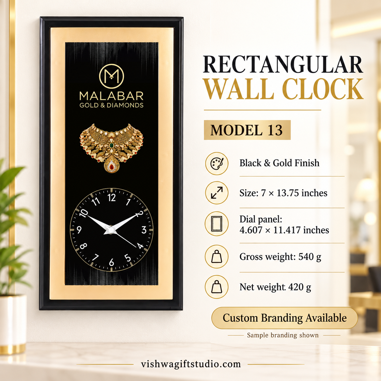 Model 13 rectangular wall clock — promotional information with Malabar Gold and Diamonds sample branding