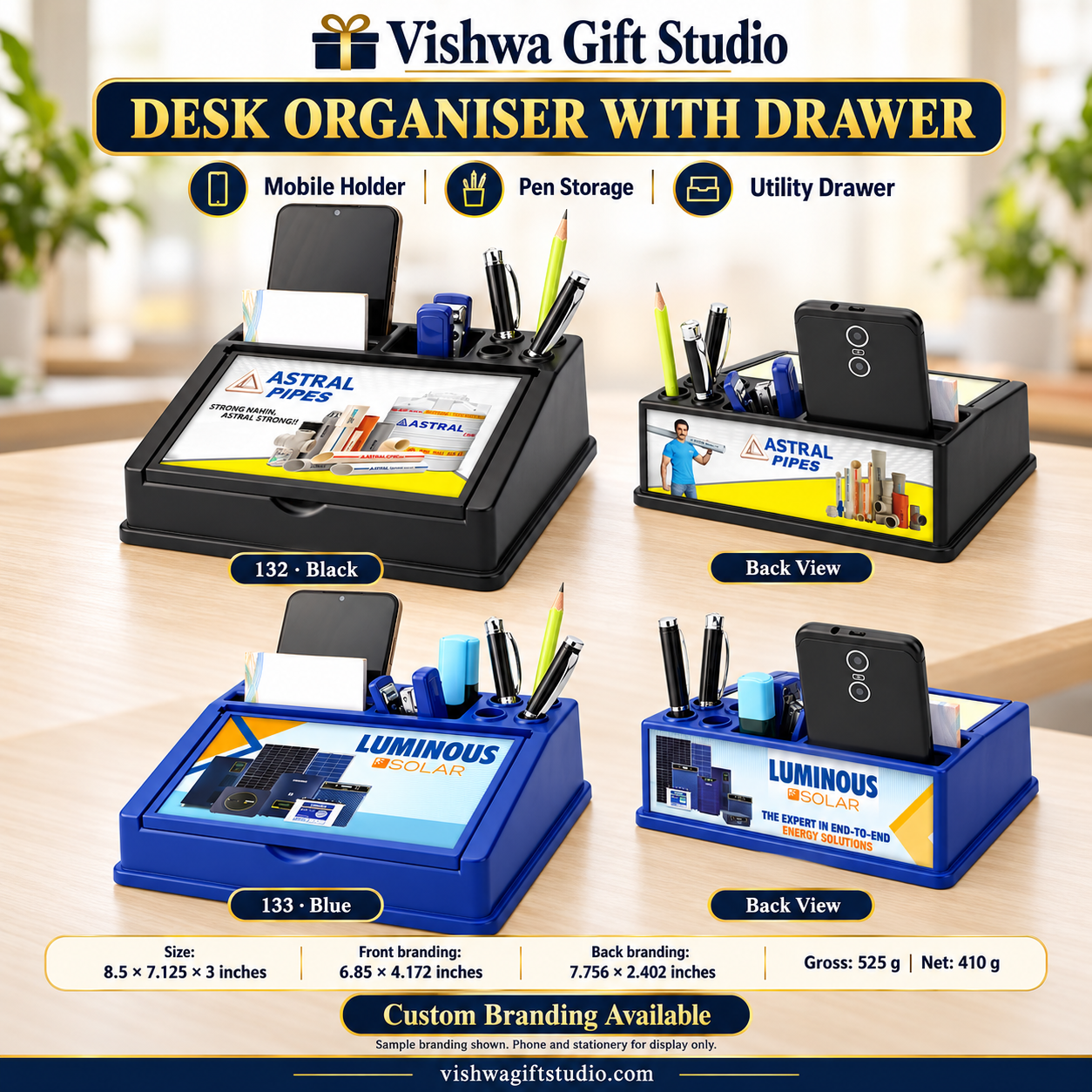 Models 132 black and 133 blue drawer desk organiser promotion with branded back views