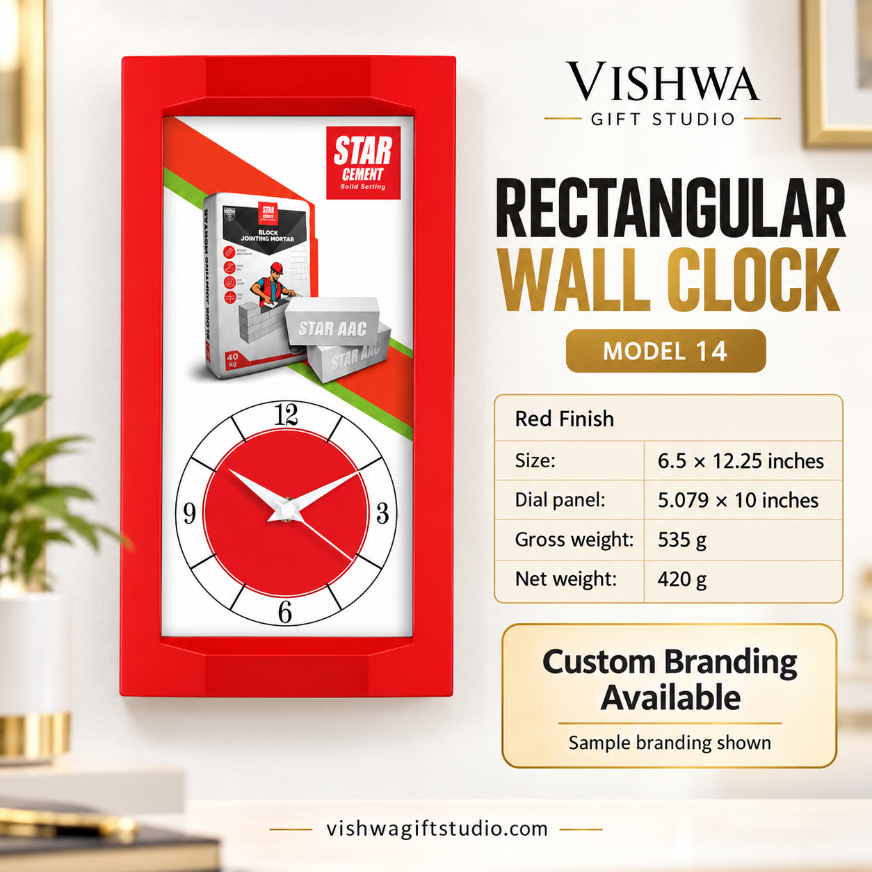 Model 14 rectangular wall clock — promotional information with Star Cement sample branding
