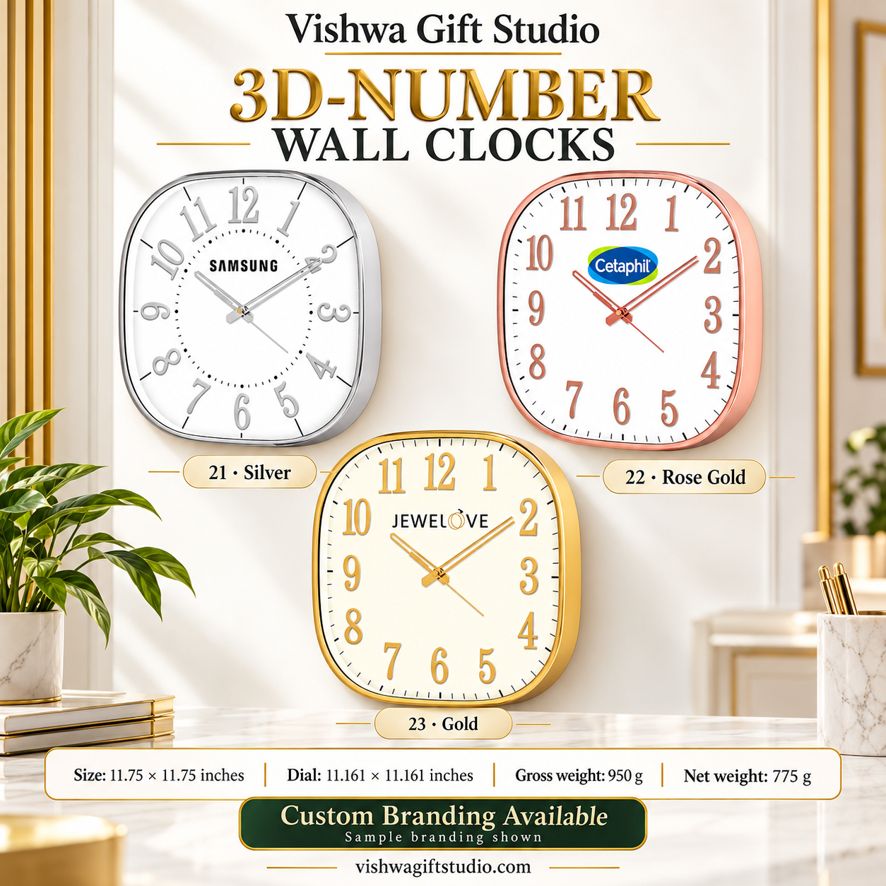 Models 21 to 23 3D-number wall clock promotional information with silver rose gold and gold options