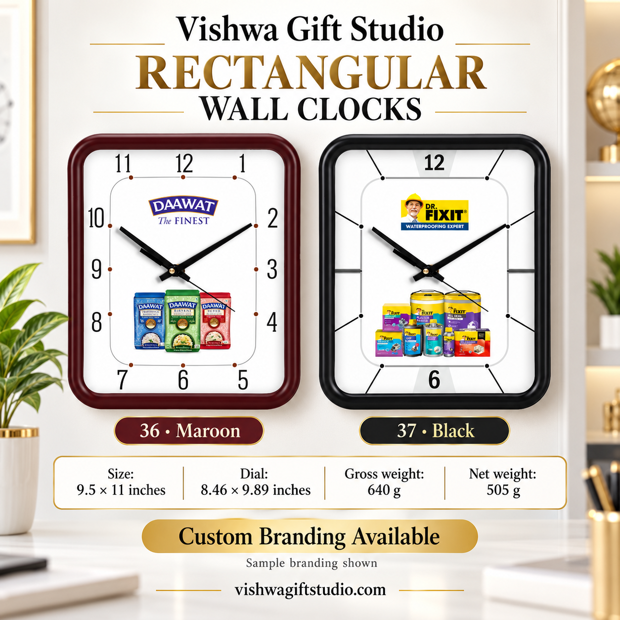 Models 36 and 37 rectangular wall clock promotional information with maroon and black options