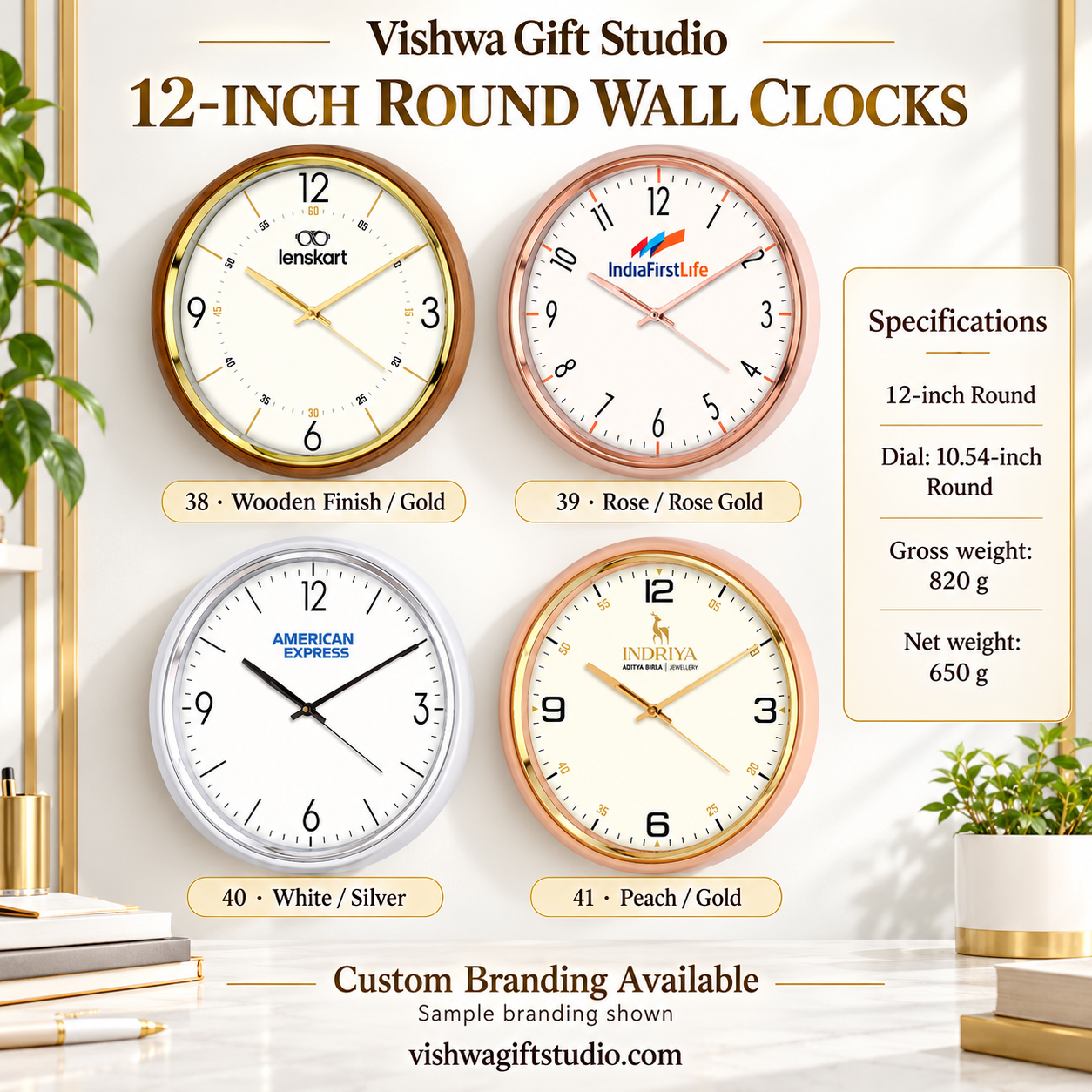 Models 38 to 41 round wall clock promotional information with four finish options