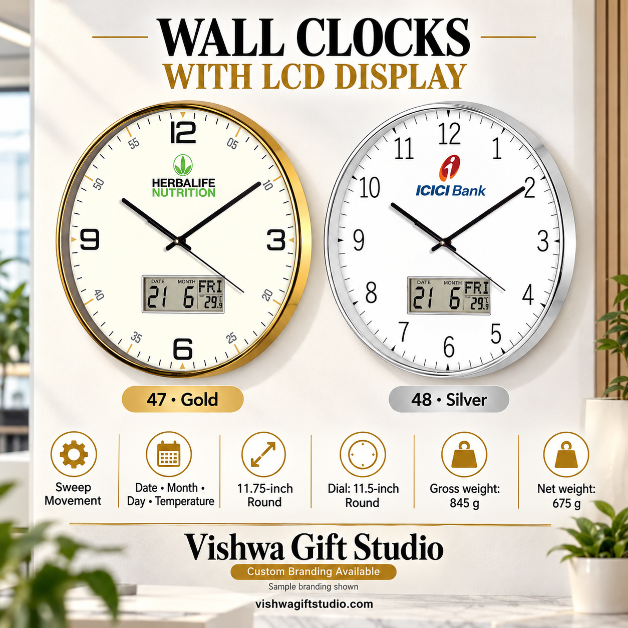 Models 47 and 48 wall clock with LCD display promotional information in gold and silver