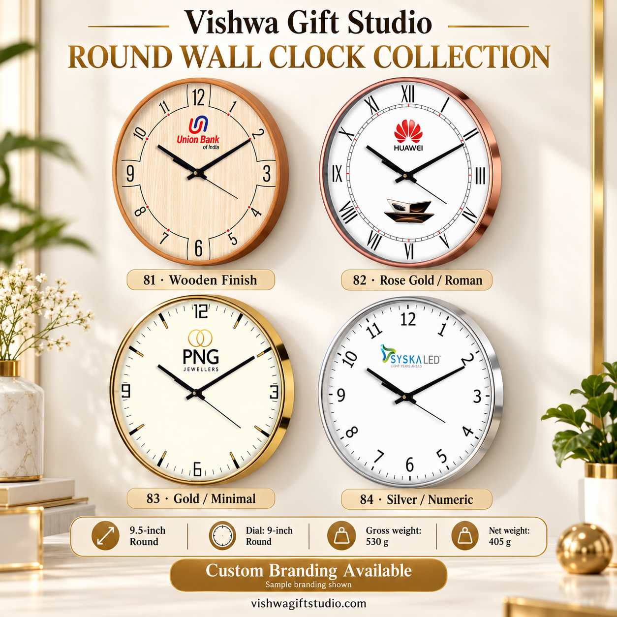 Models 81 to 84 round wall clock promotional information with four design options