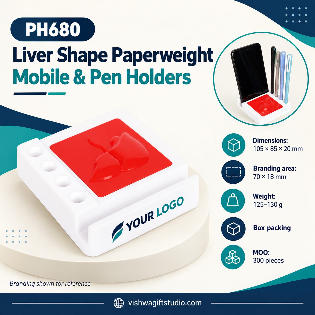 PH680 liver paperweight dimensions and branding information