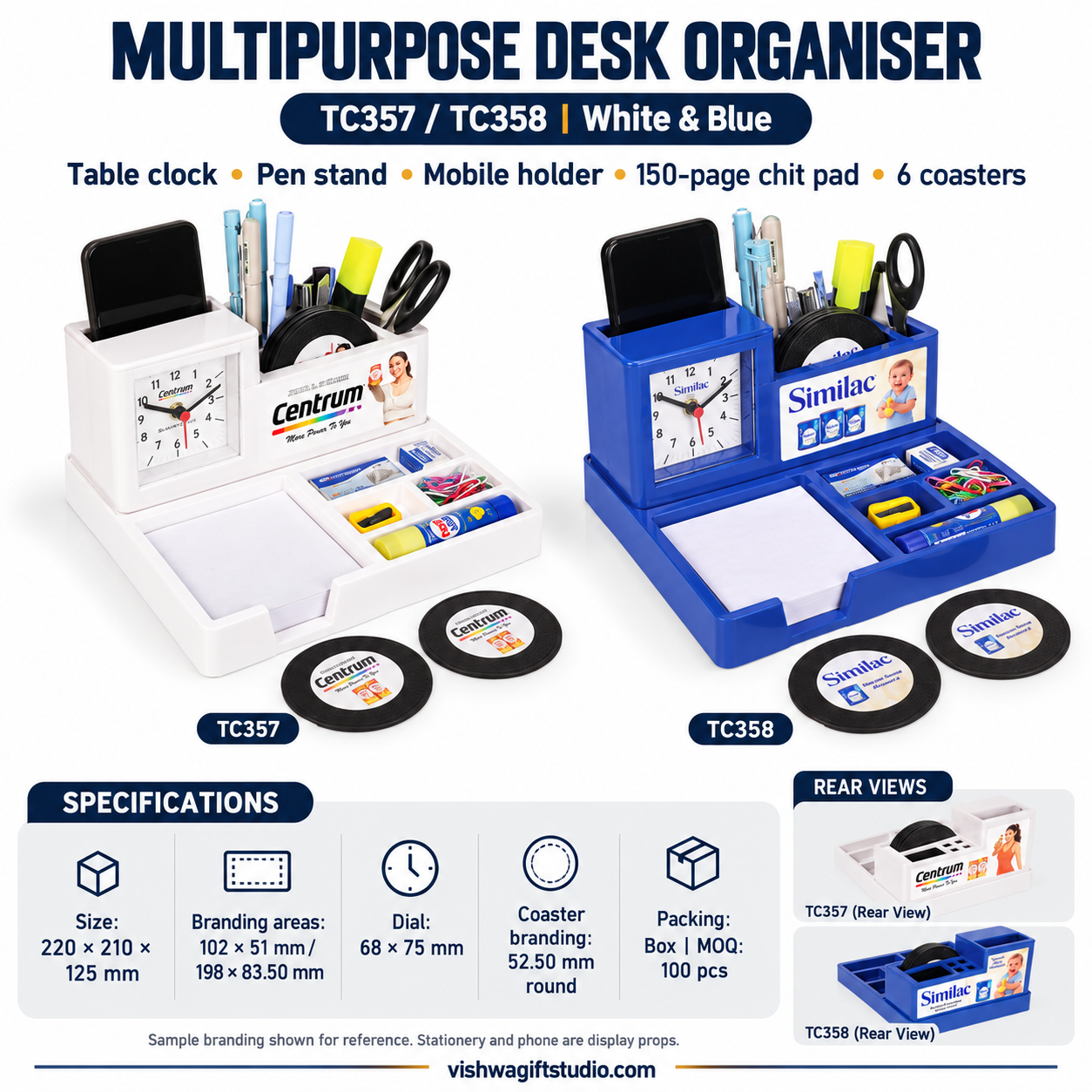 TC357 / TC358 Clock and Coaster Desk Organiser – White & Blue - Image 2