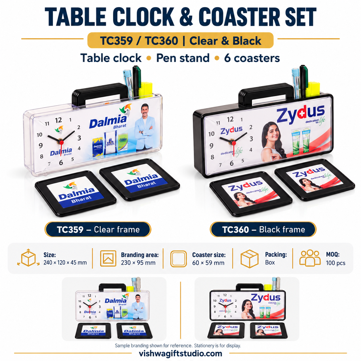 TC359 / TC360 Table Clock with Pen Stand and Six Coasters – Clear & Black - Image 2