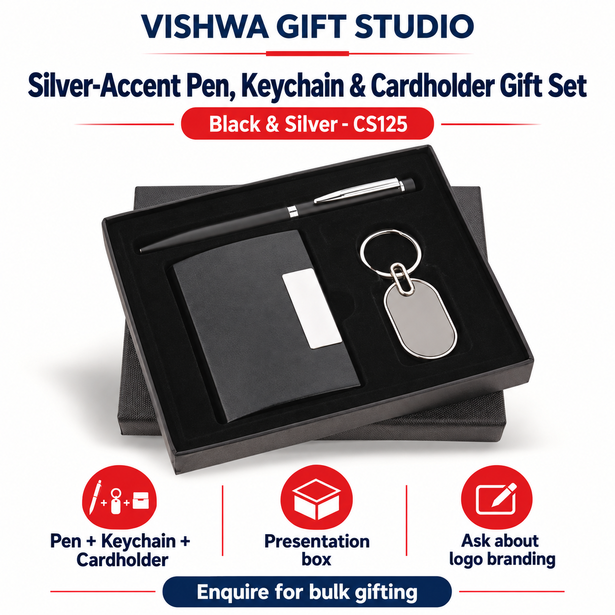 3-in-1 Silver-Accent Pen, Keychain & Cardholder Gift Set - CS125 - Image 2