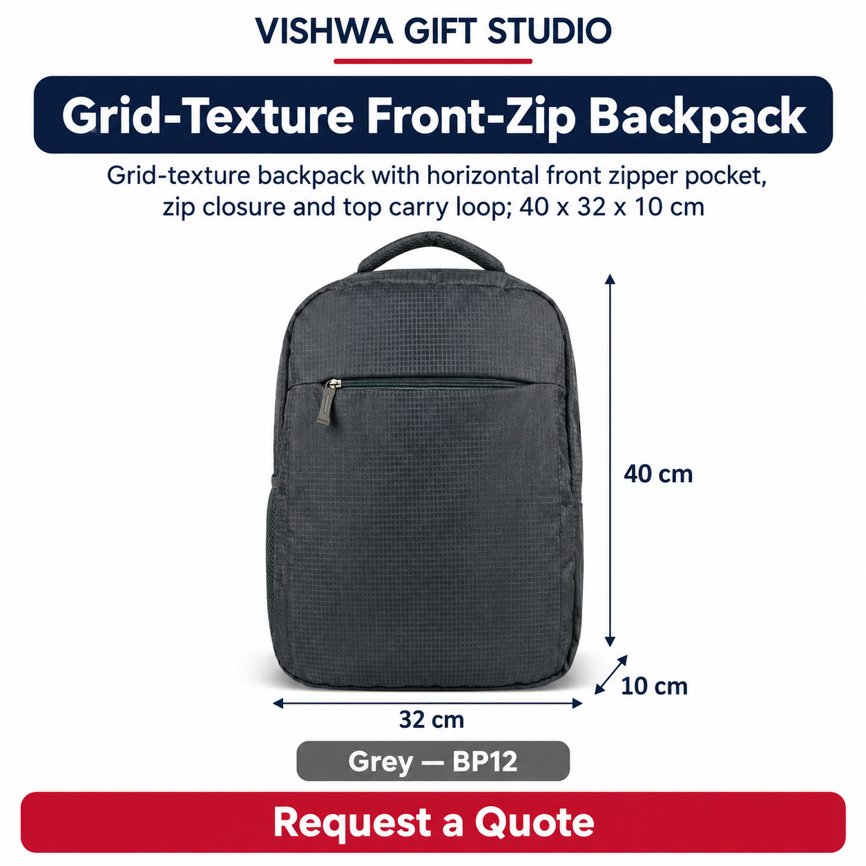 Grid-Texture Front-Zip Backpack - BP12 - Image 2